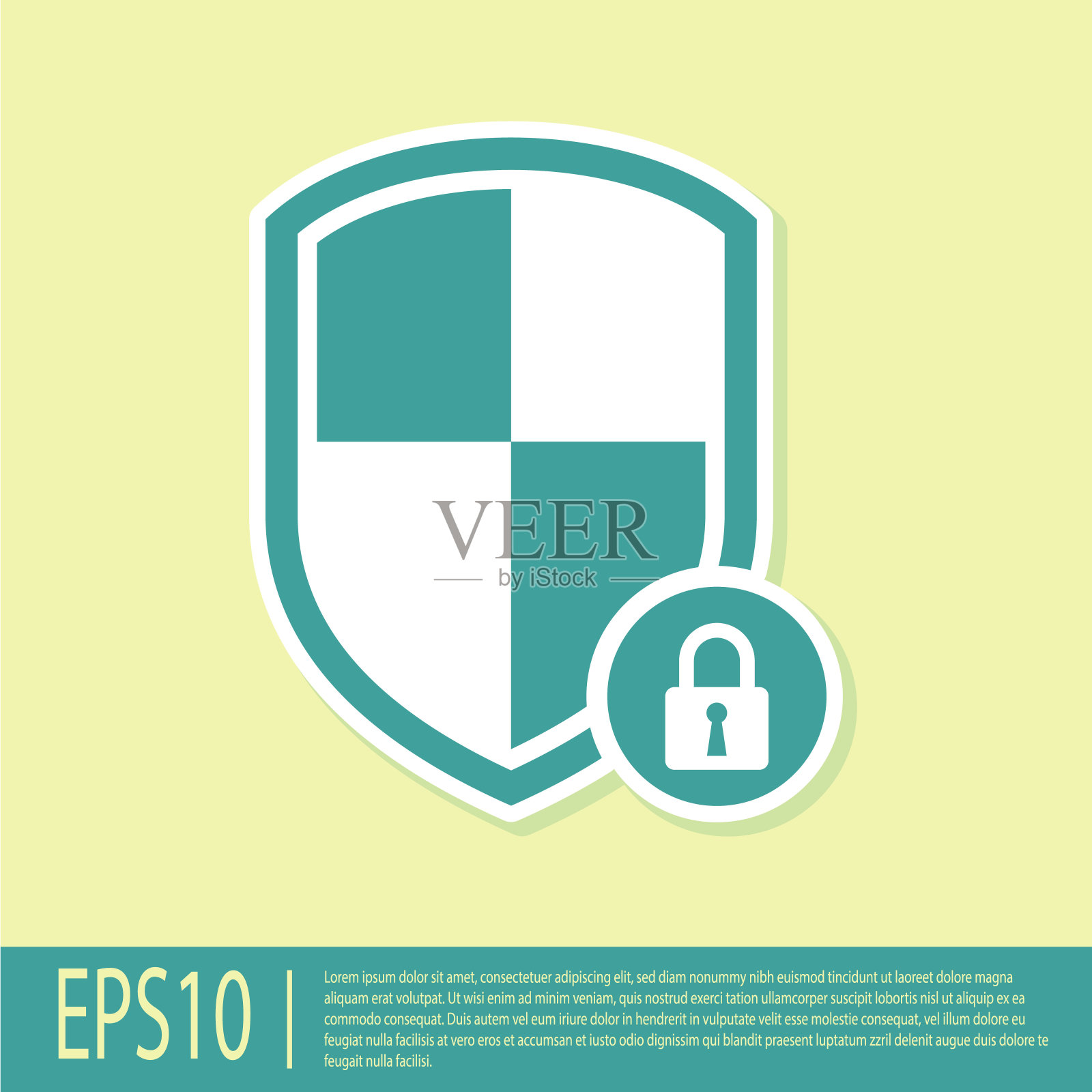 绿盾安全与锁定图标隔离在黄色背景。保护，安全，密码安全。防火墙访问隐私标志。矢量图插画图片素材