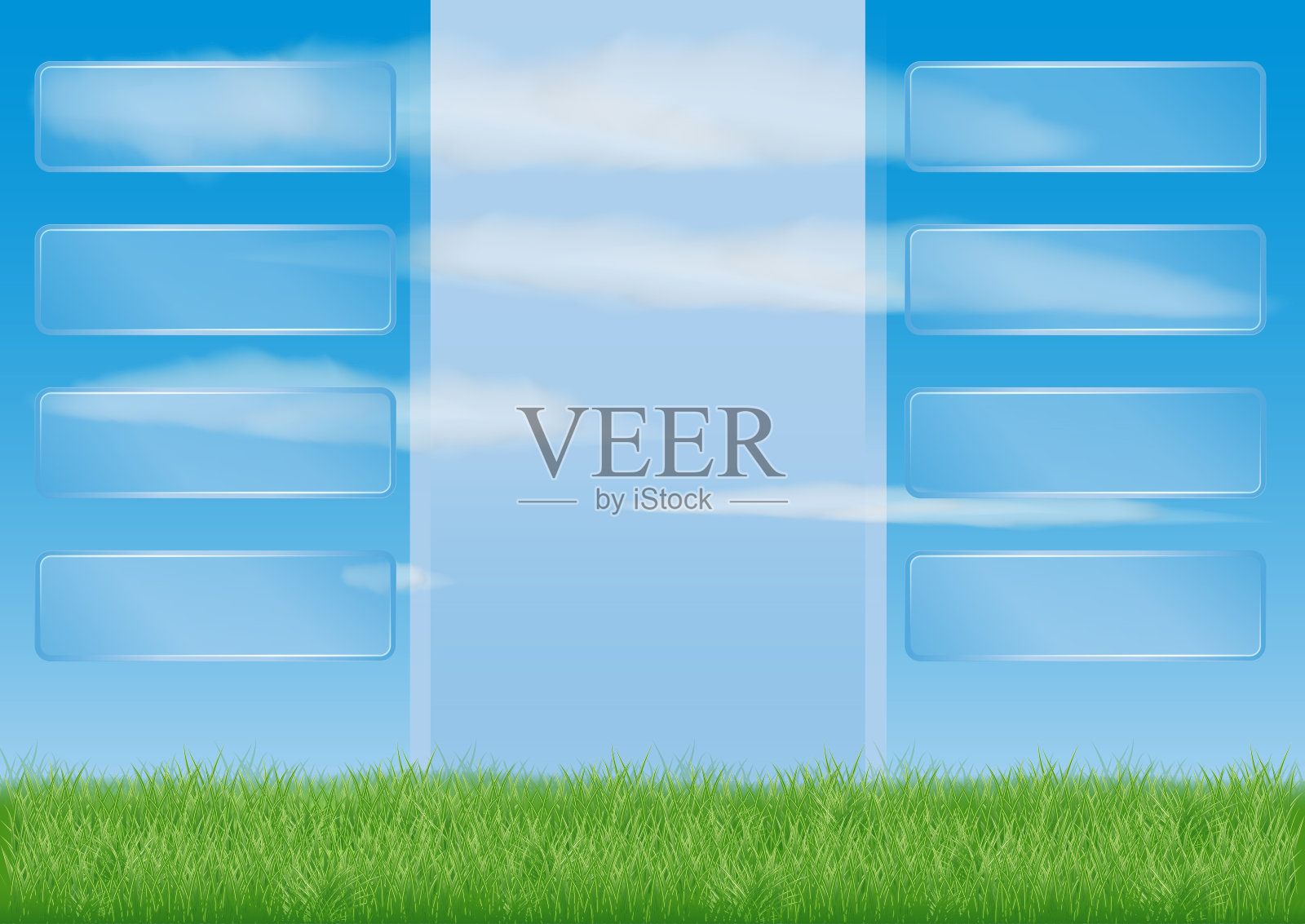 绿草如茵的草地。蓝天和白云。灯柱信息文本。介绍背景。透明的界面按钮设计模板素材
