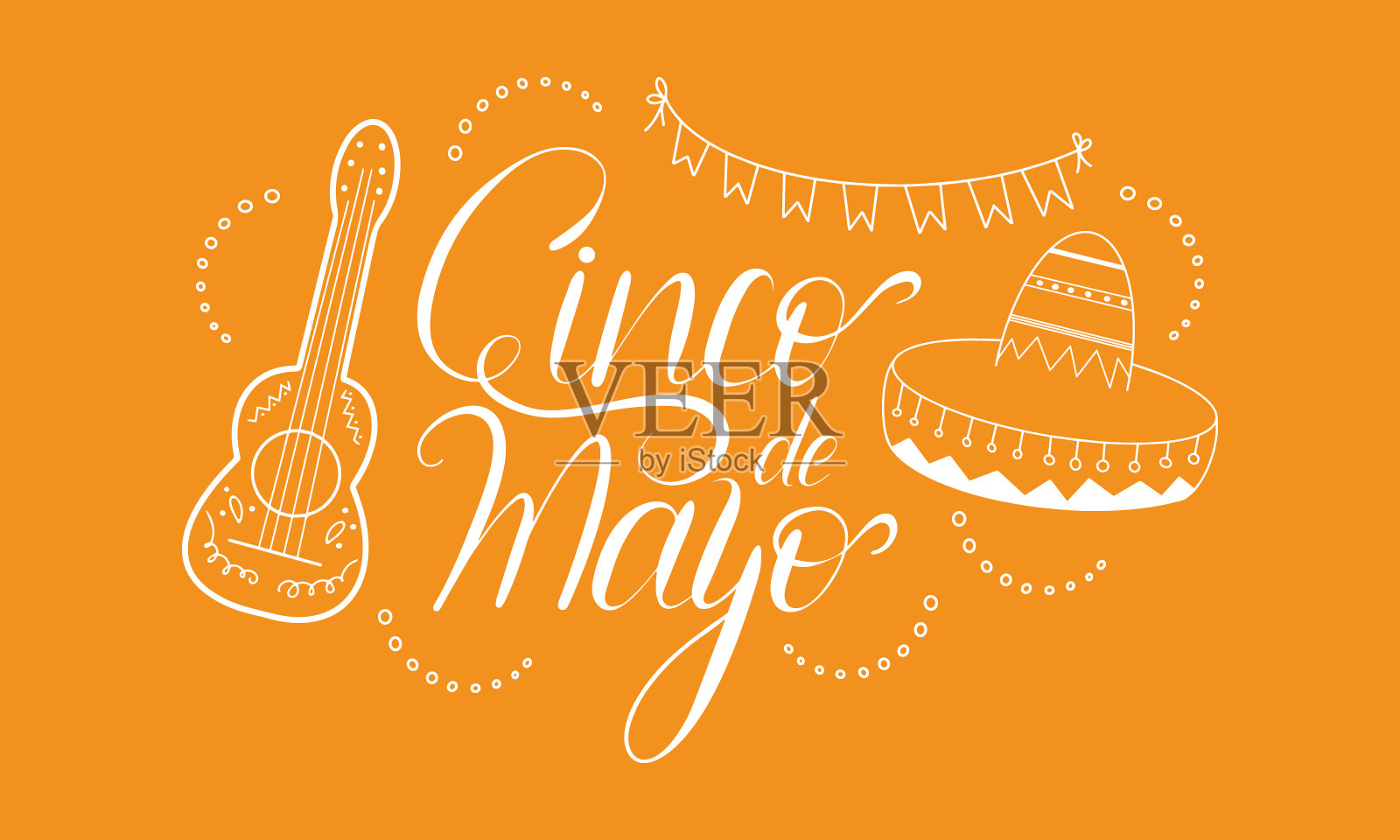 墨西哥的五月五日节。书法刻字。墨西哥传统节日的书法风格。有吉他、宽边帽、旗帜等元素的涂鸦。快乐的节日聚会。矢量图插画图片素材