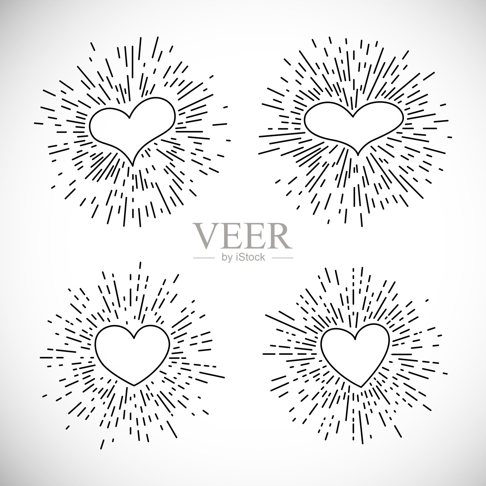 一套四颗心与复古爆裂射线插画图片素材