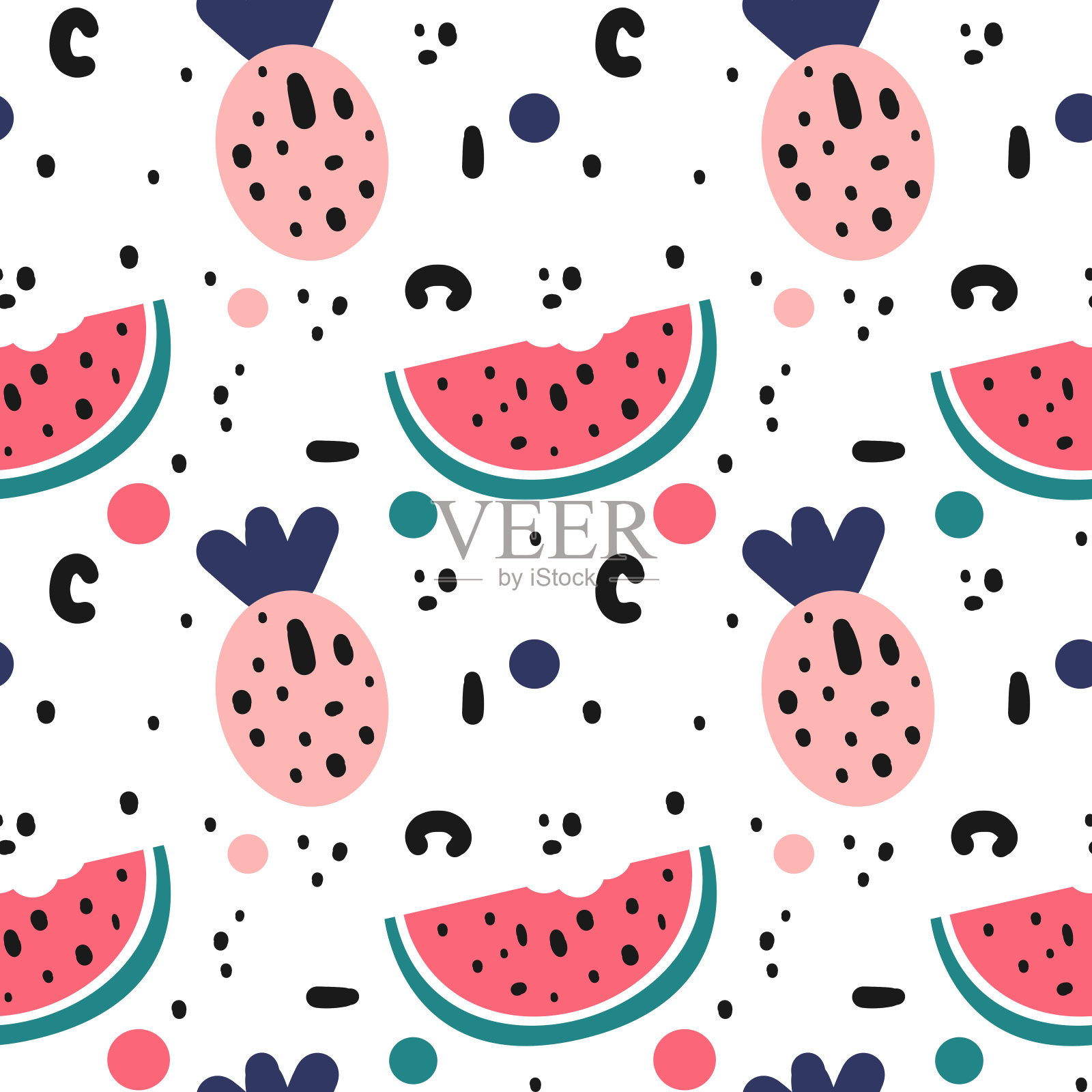 无缝背景插图西瓜，菠萝和手绘形状插画图片素材