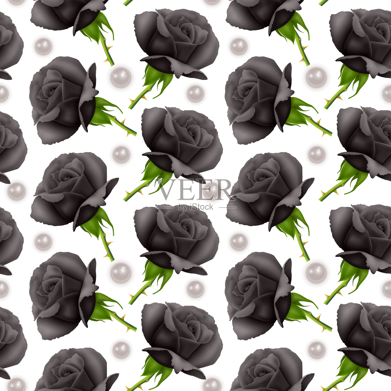 无缝无尽的图案与美丽的黑色玫瑰和珍珠在白色的背景。插画图片素材