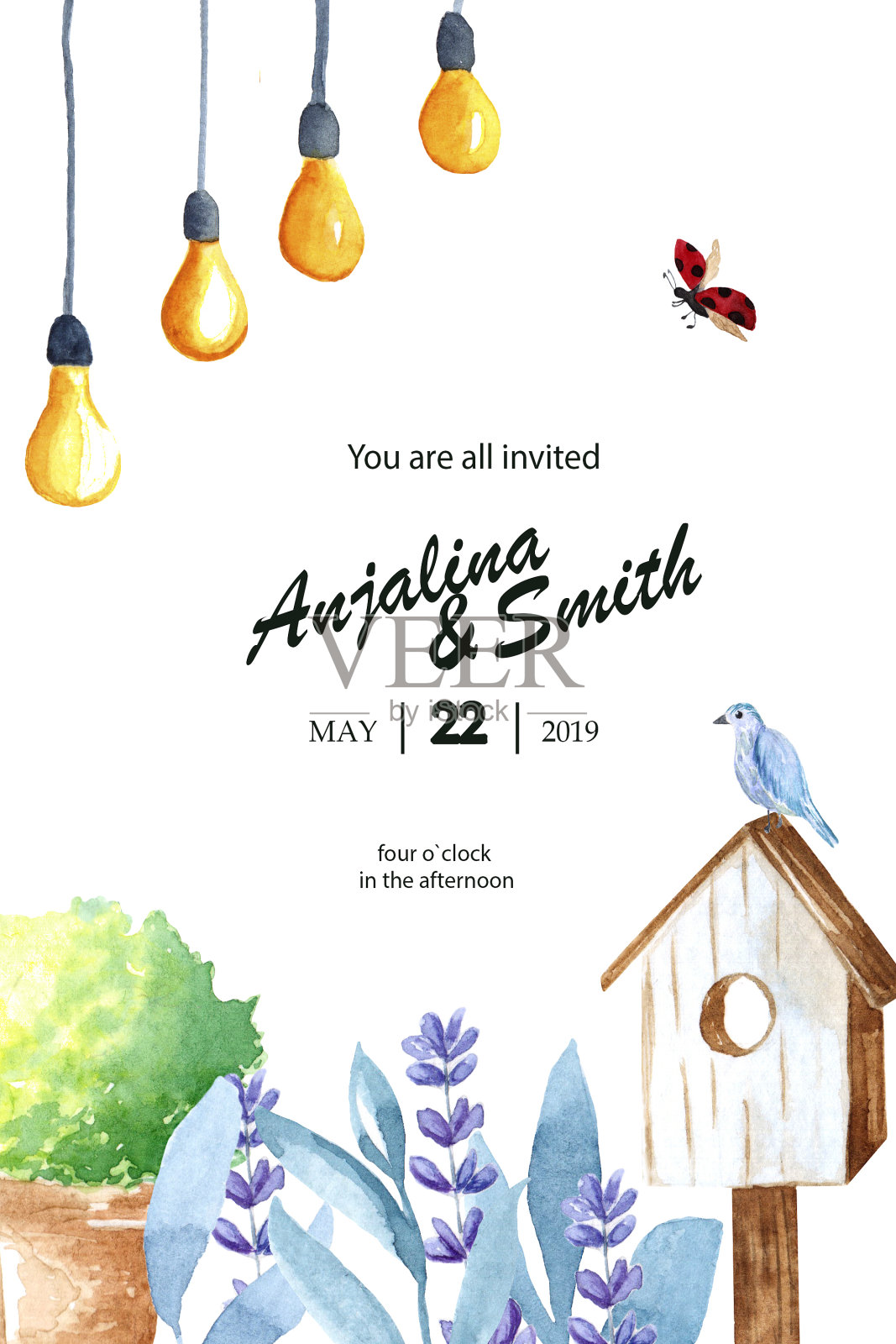 水彩花园卡。设计模板素材