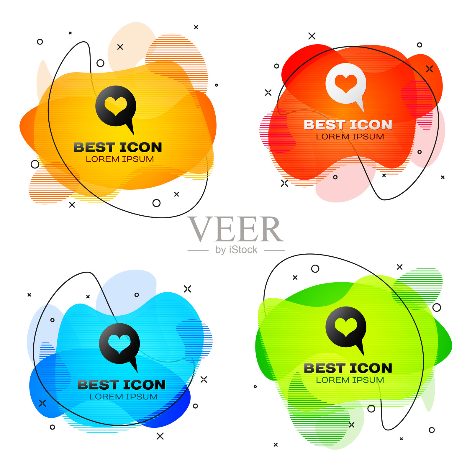 黑心在语音气泡图标孤立。心形的信息泡泡。爱的信号。情人节的象征。一套液体颜色抽象几何形状。矢量图图标素材