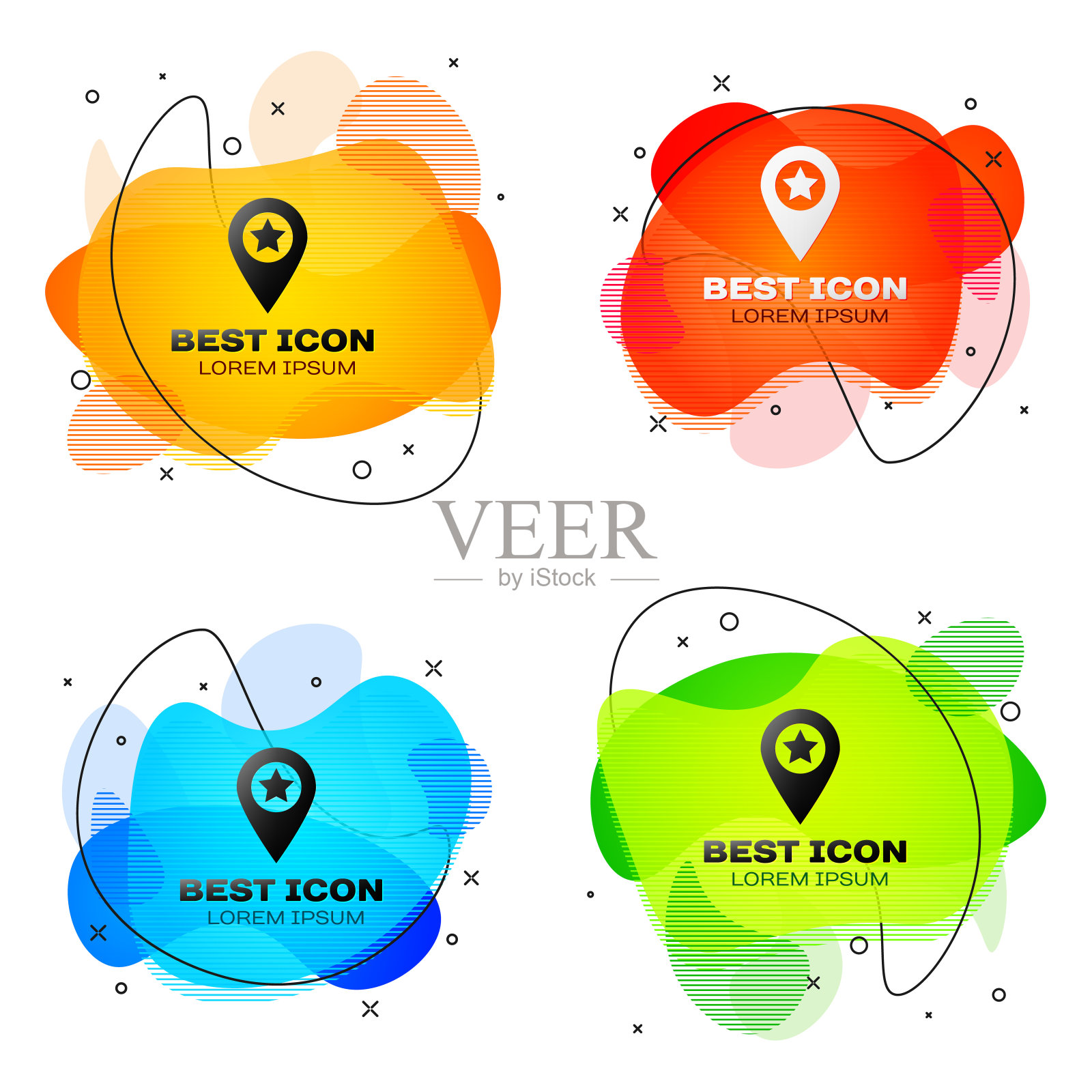 带有孤立星形图标的黑色地图指针。星形收藏引脚地图图标。地图标记。一套液体颜色抽象几何形状。矢量图图标素材