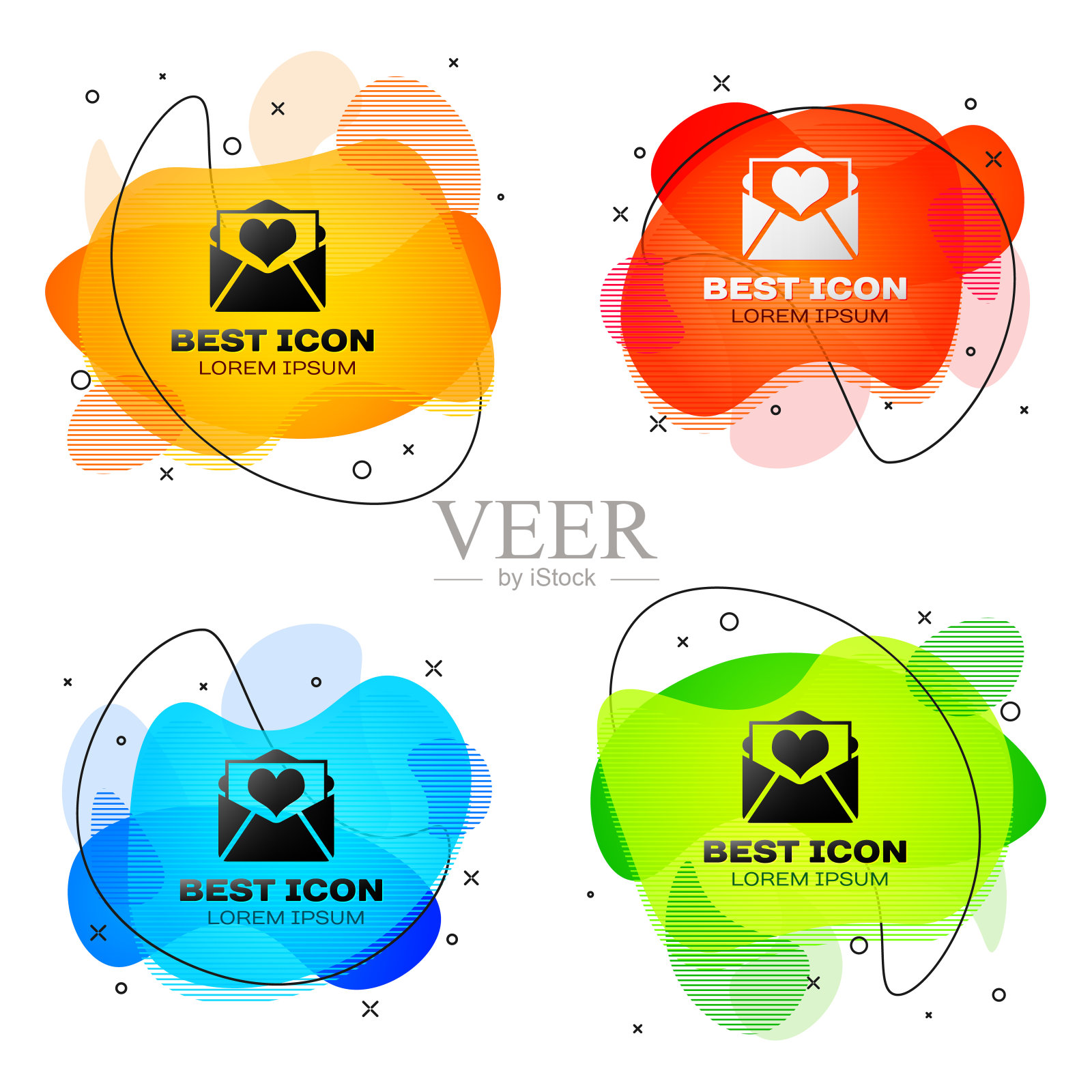 黑色信封与情人节心形图标孤立。信上写着爱和浪漫。一套液体颜色抽象几何形状。矢量图图标素材