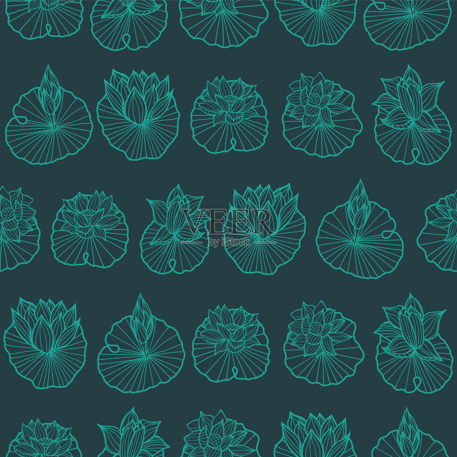 水蓝色和深绿色线条艺术睡莲莲垫排成行无缝矢量重复图案。插画图片素材