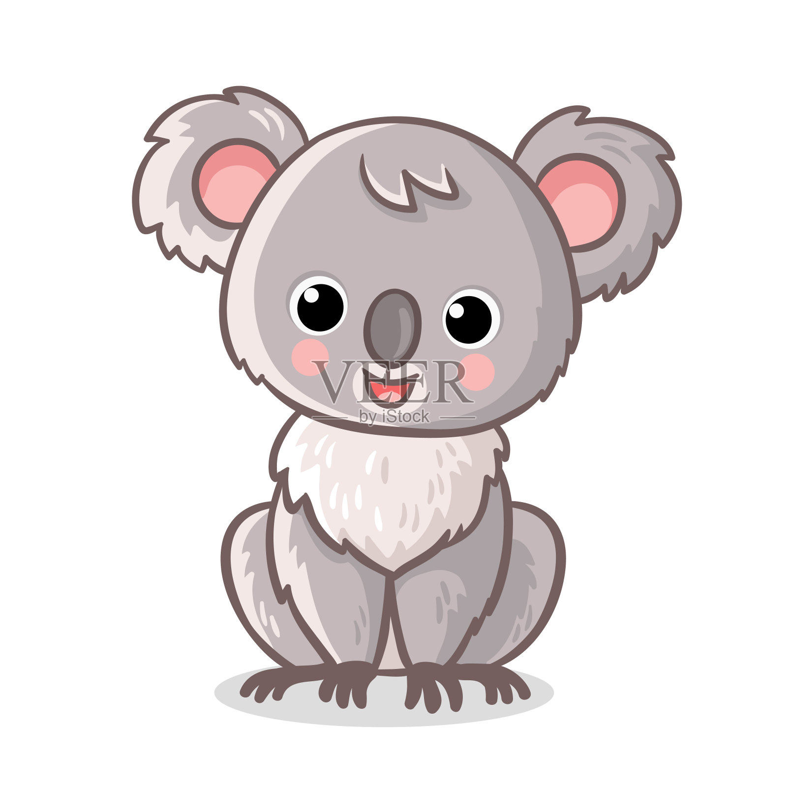 毛茸茸的考拉坐在白色的背景上。卡通风格的可爱动物。插画图片素材