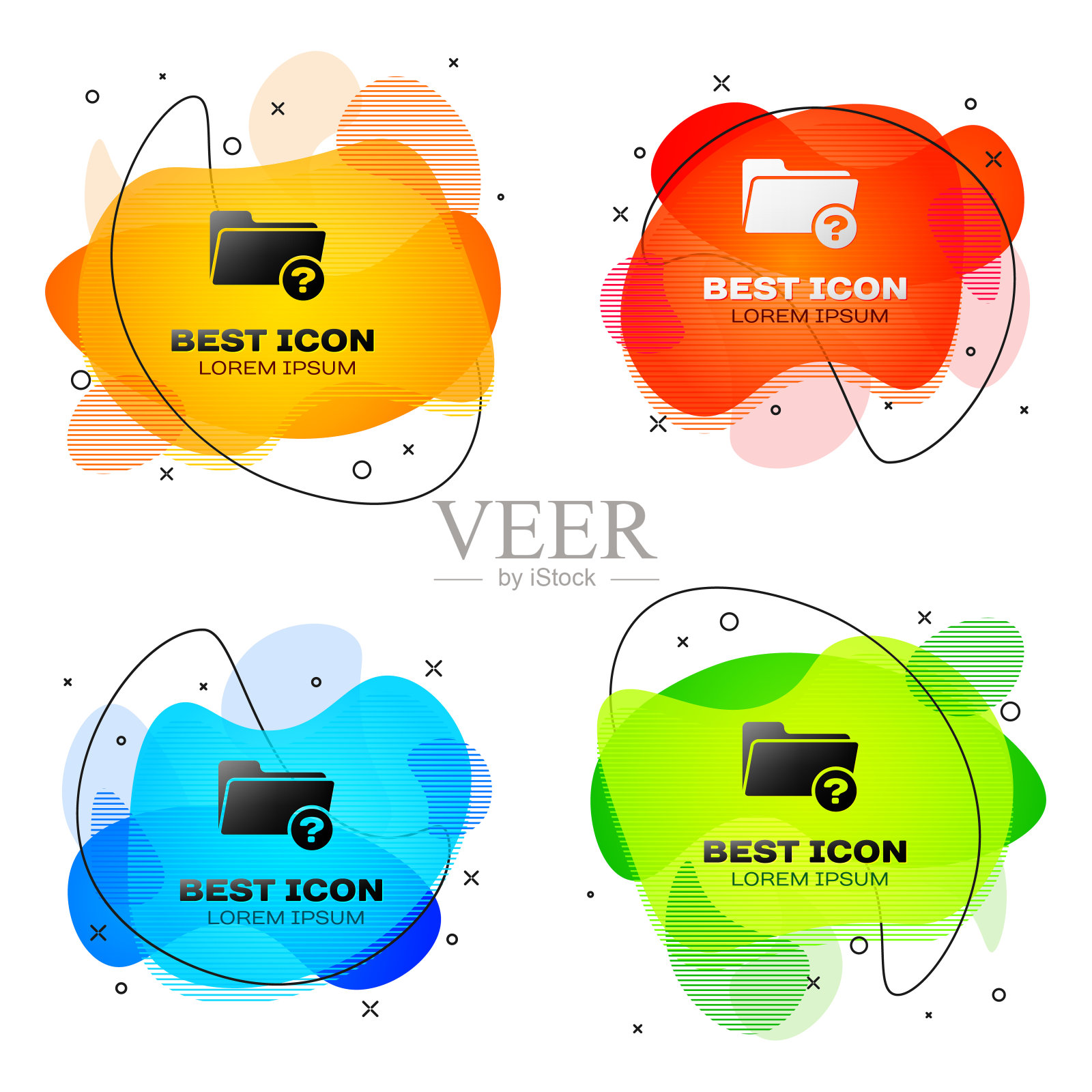 黑色未知目录图标隔离在白色背景上。放大镜和文件夹。一套液体颜色抽象几何形状。矢量图图标素材