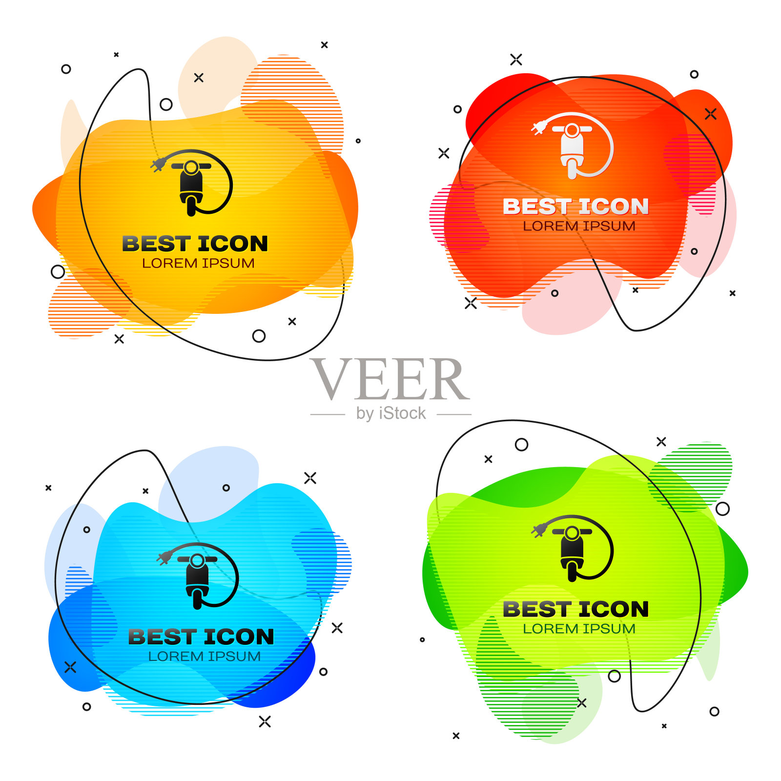 黑色电动滑板车图标孤立。一套液体颜色抽象几何形状。矢量图图标素材