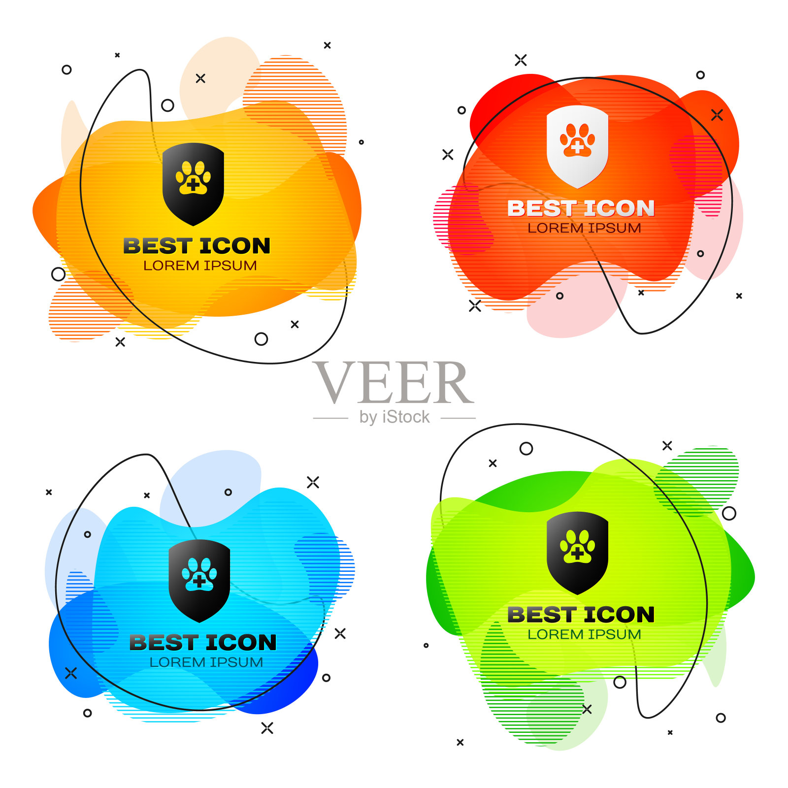 黑色动物健康保险图标孤立。宠物保护图标。狗或猫的爪印。一套液体颜色抽象几何形状。矢量图图标素材