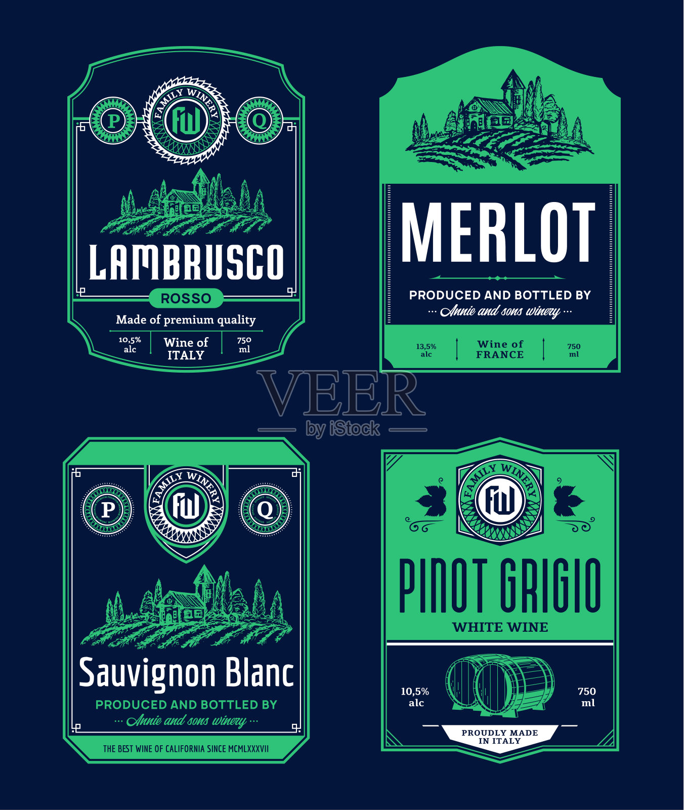 红和白葡萄酒的标签和设计元素插画图片素材