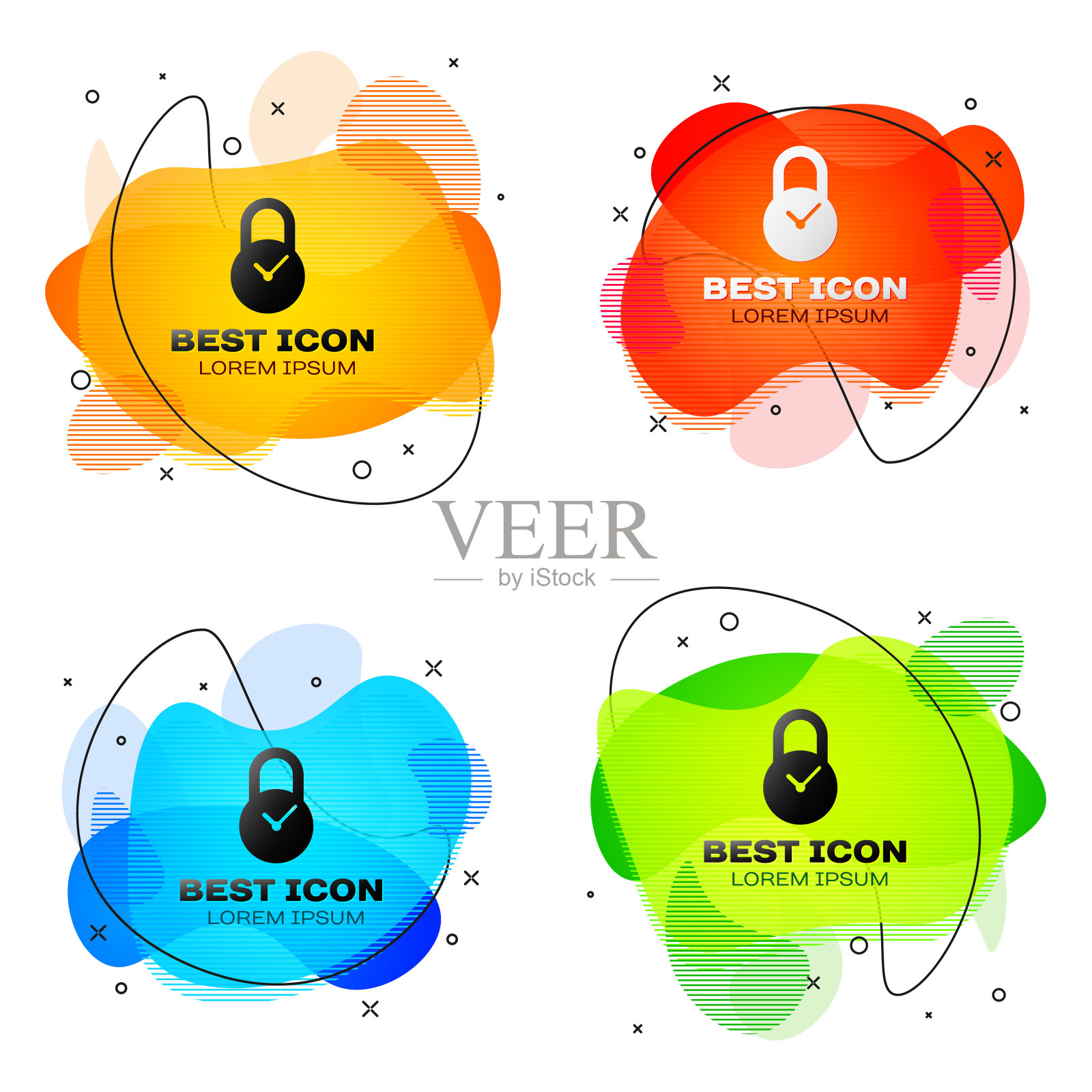 黑色挂锁与时钟图标隔离。时间控制的概念。锁和倒计时，截止日期，时间表，计划符号。一套液体颜色抽象几何形状。矢量图图标素材