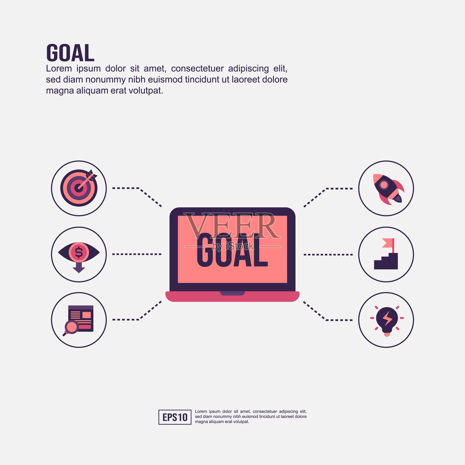 目标概念的演示，推广，社会媒体营销，和更多。极简目标信息图表与平面图标插画图片素材