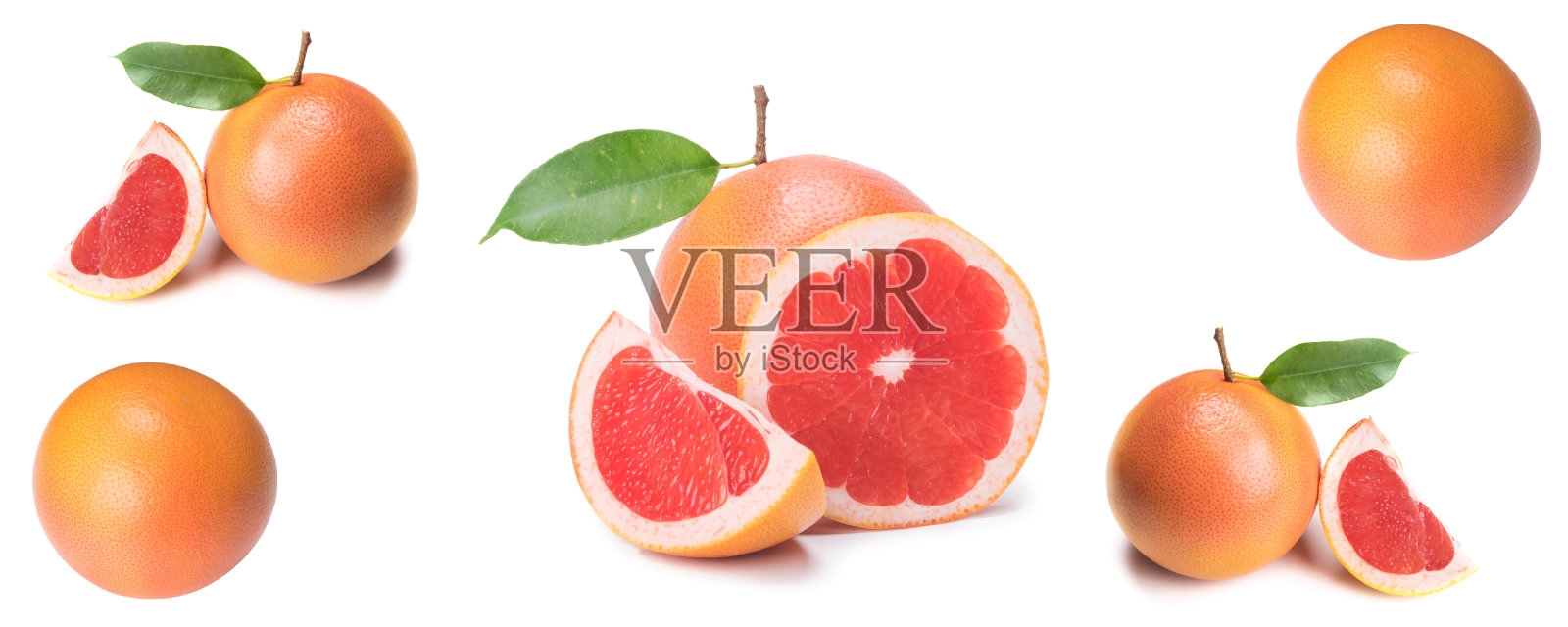 分离的柑橘，新鲜的粉红色葡萄柚片，白色背景，特写照片摄影图片