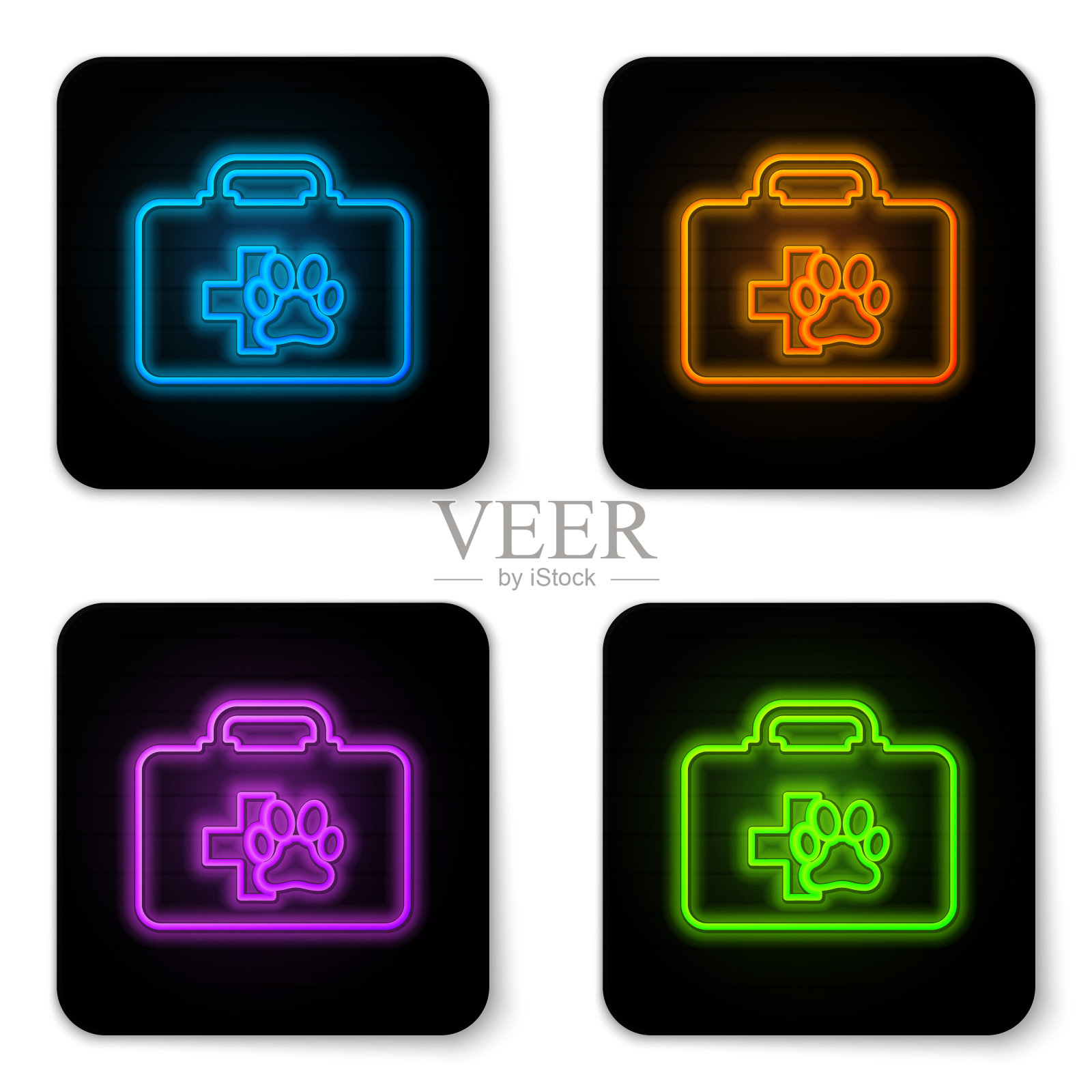 发光的霓虹灯宠物急救箱图标孤立在白色背景。狗或猫的爪印。诊所的盒子。黑色方形按钮。矢量图图标素材