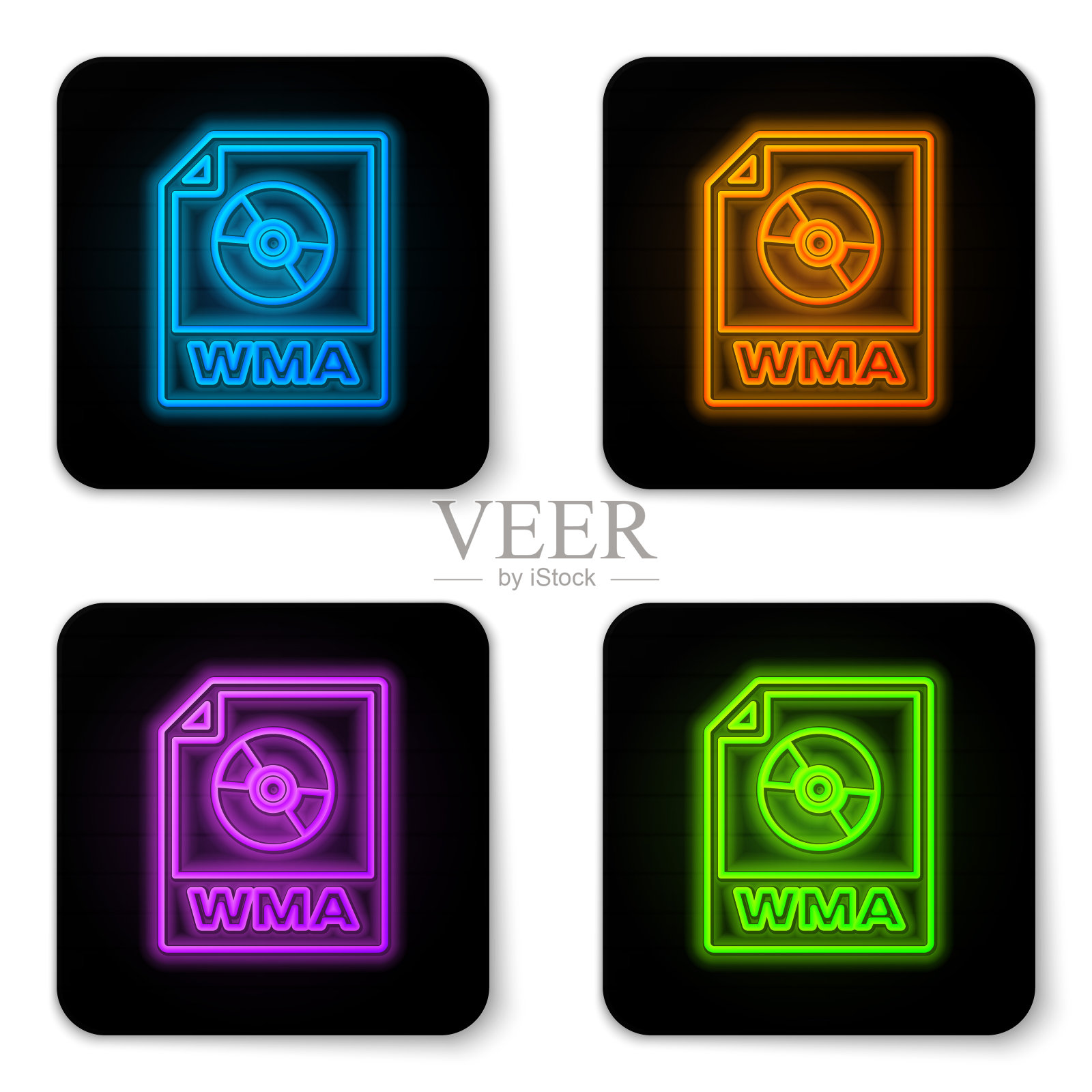 发光的霓虹灯WMA文件文件图标。下载wma按钮图标孤立的白色背景。的WMA文件的象征。Wma音乐格式标志。黑色方形按钮。矢量图图标素材