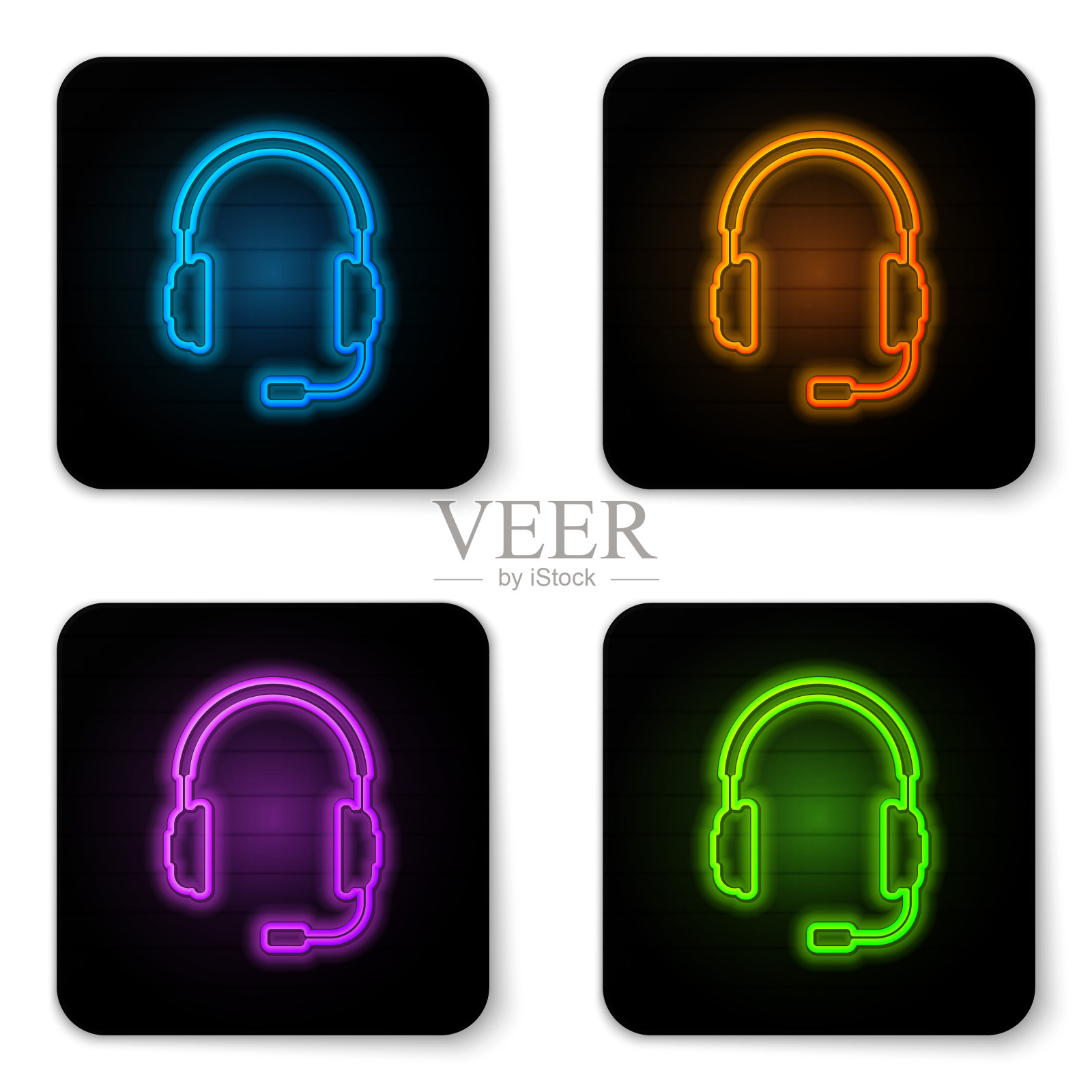 发光的霓虹灯耳机与麦克风图标上的白色背景。耳机的信号。概念对象为听音乐、服务、沟通和操作员。黑色方形按钮。矢量图插画图片素材