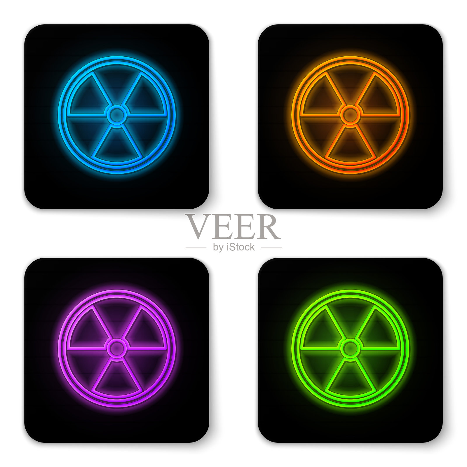 发光的氖孤立在白色背景上的放射性图标。放射性有毒的象征。辐射危险的信号。黑色方形按钮。矢量图插画图片素材