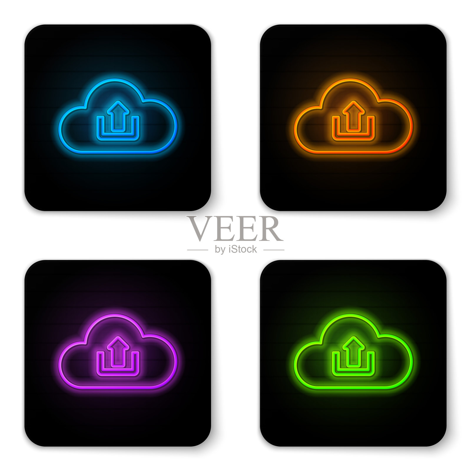 发光的霓虹灯云上传图标孤立的白色背景。黑色方形按钮。矢量图图标素材