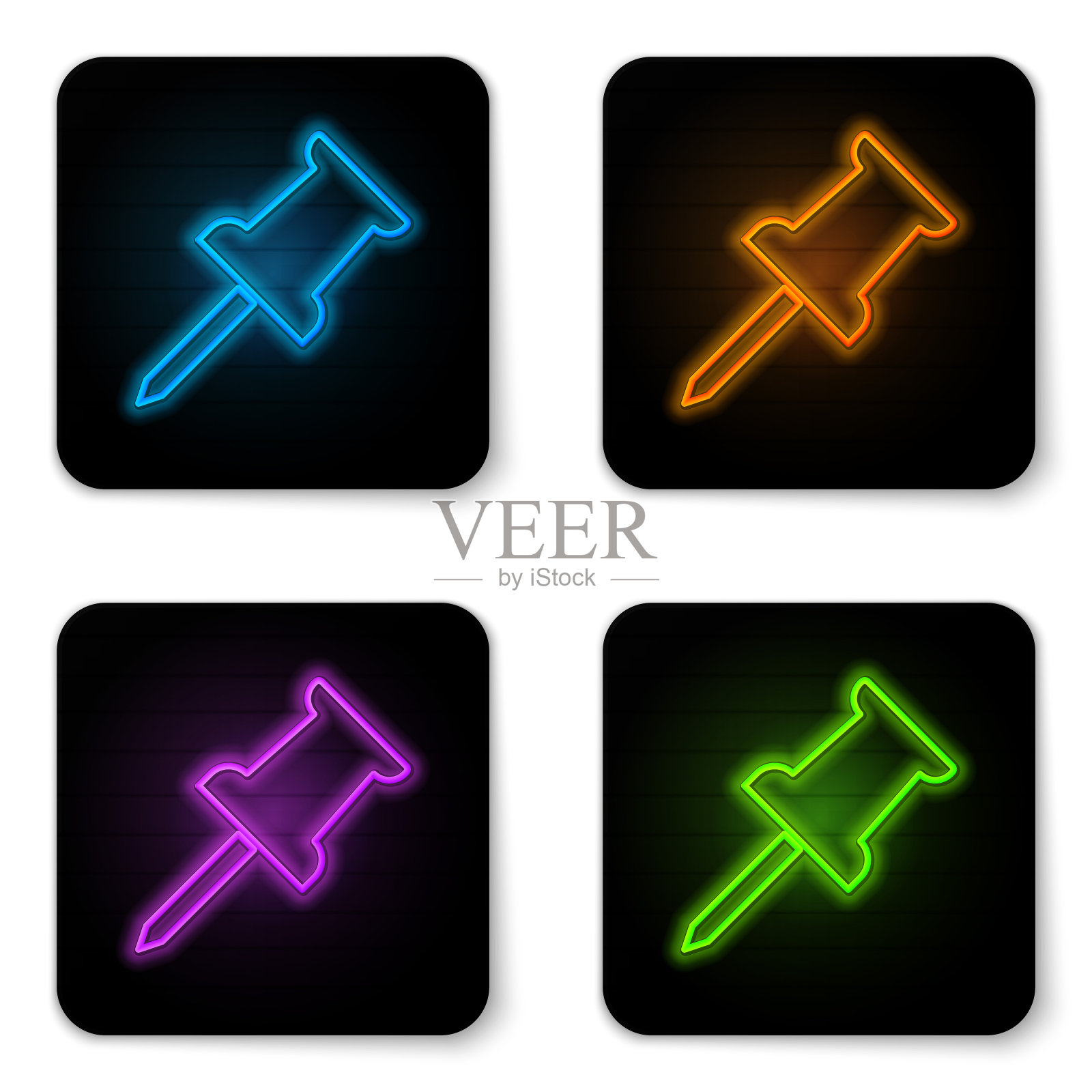 发光的霓虹灯推针图标孤立的白色背景。图钉的迹象。黑色方形按钮。矢量图图标素材