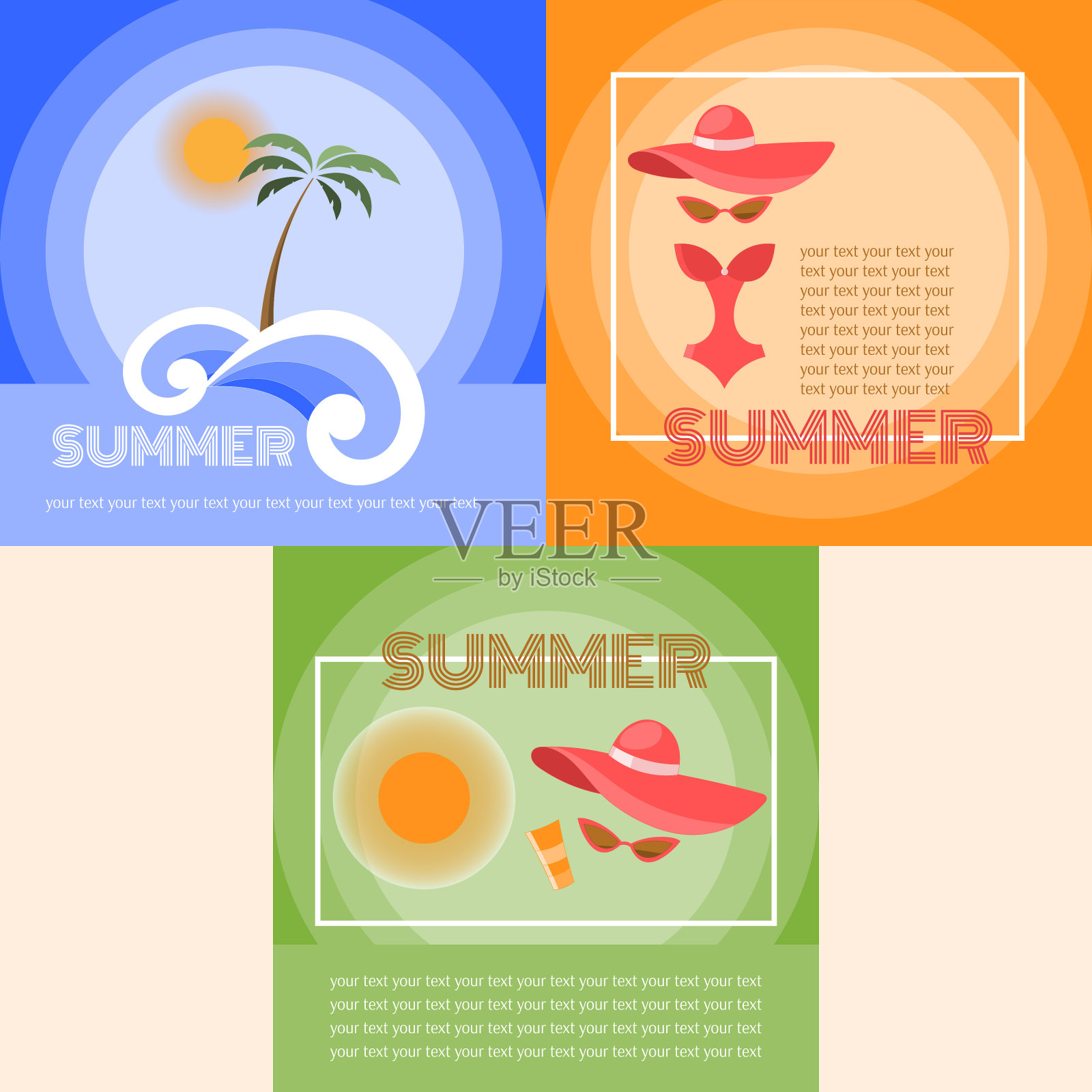 一套夏季旅游横幅和传单与海滩项目。矢量图插画图片素材