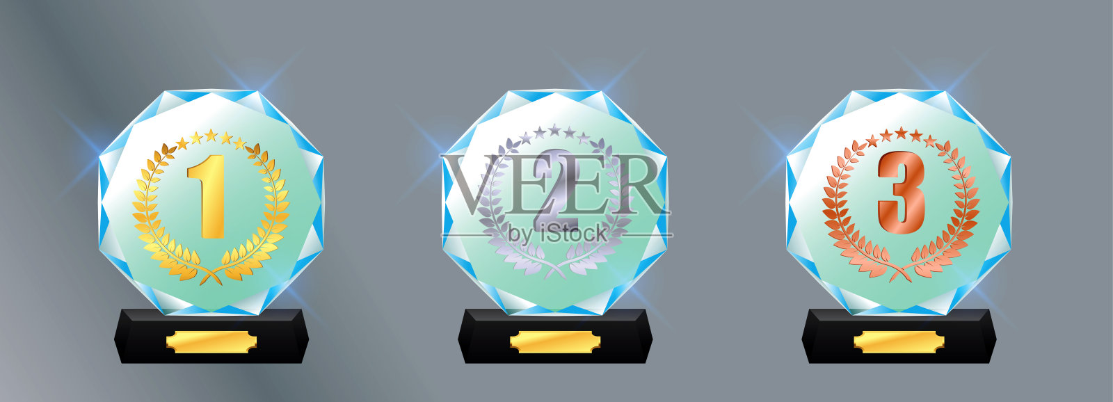 玻璃套装奖杯奖。矢量奖励渐变灰色背景，插画图片素材