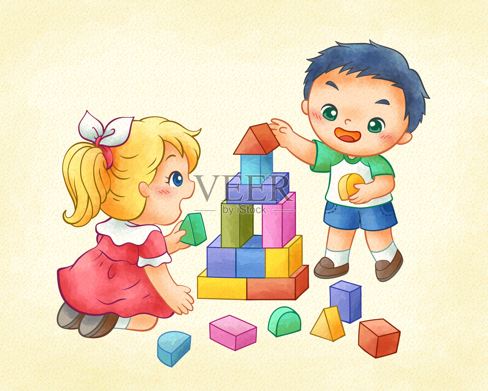 孩子们在玩积木插画图片素材
