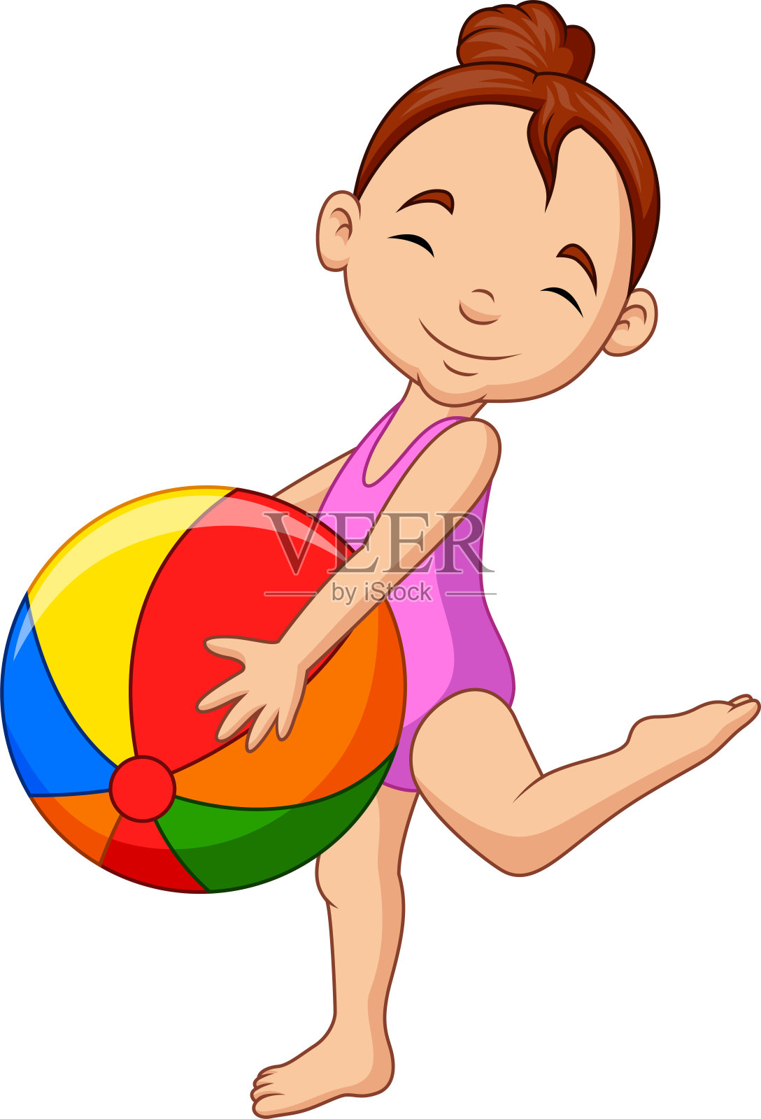 卡通快乐的女孩拿着一个沙滩球插画图片素材