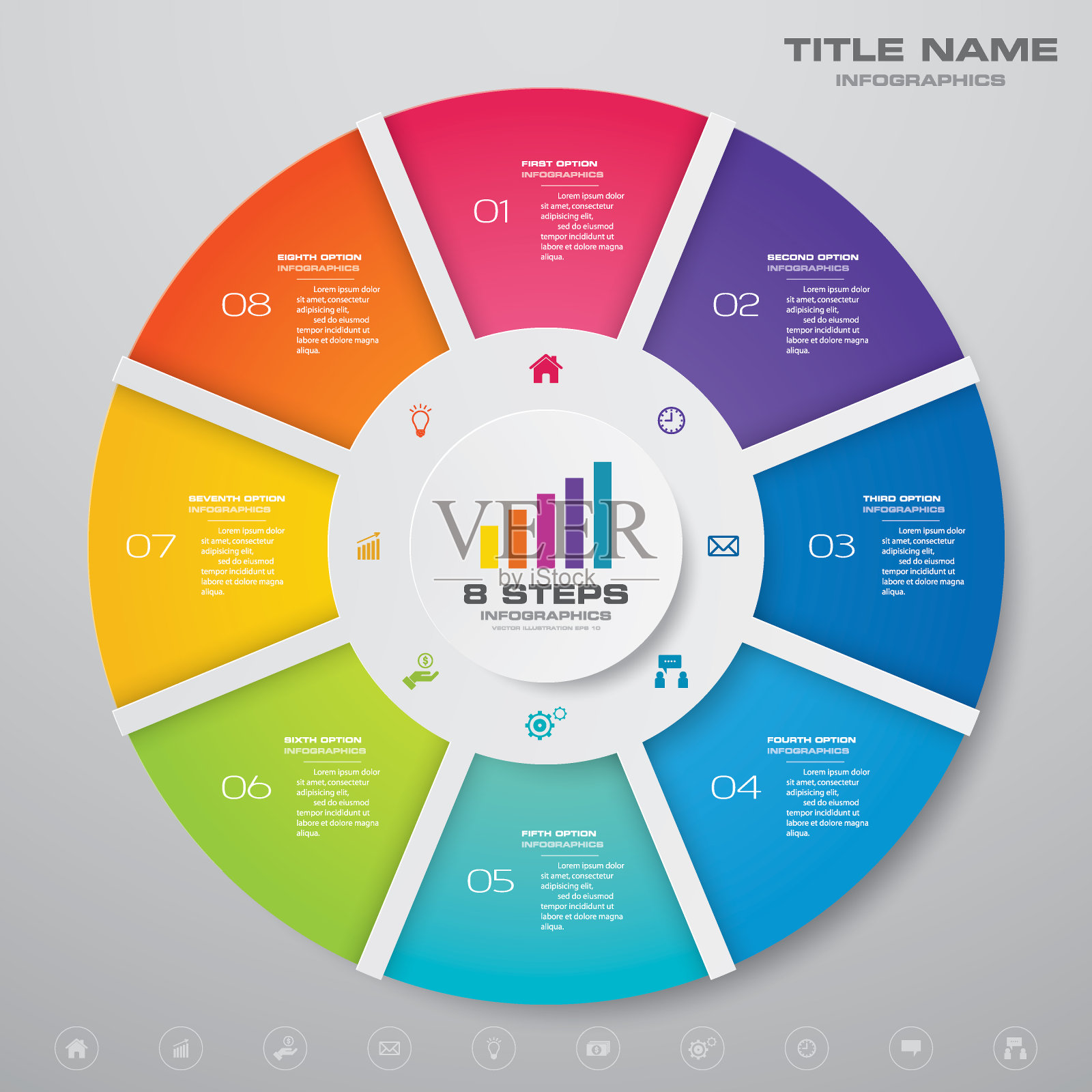 8个步骤循环图表信息图形元素的数据展示。设计模板素材
