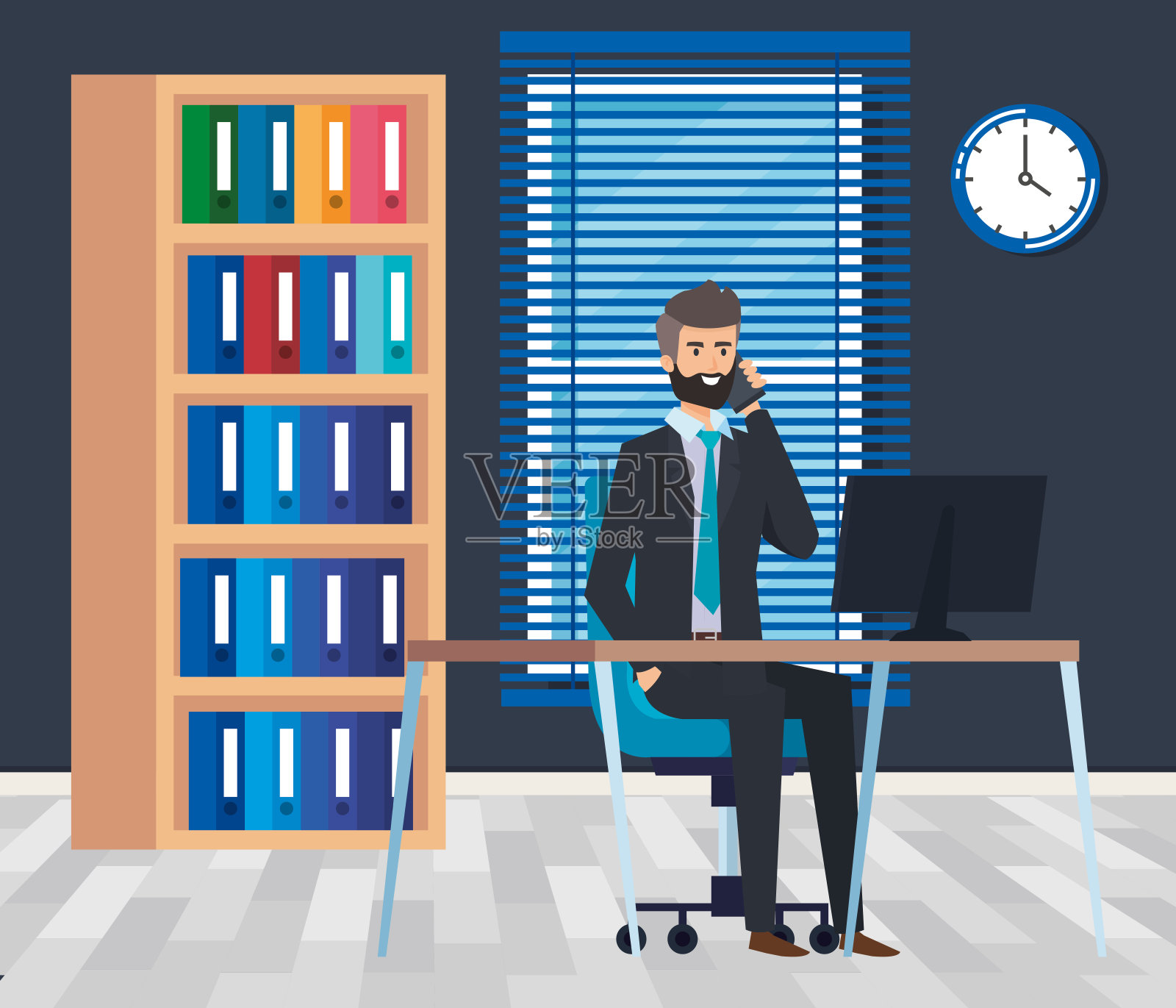 行政商人，书桌和书柜里有电脑插画图片素材