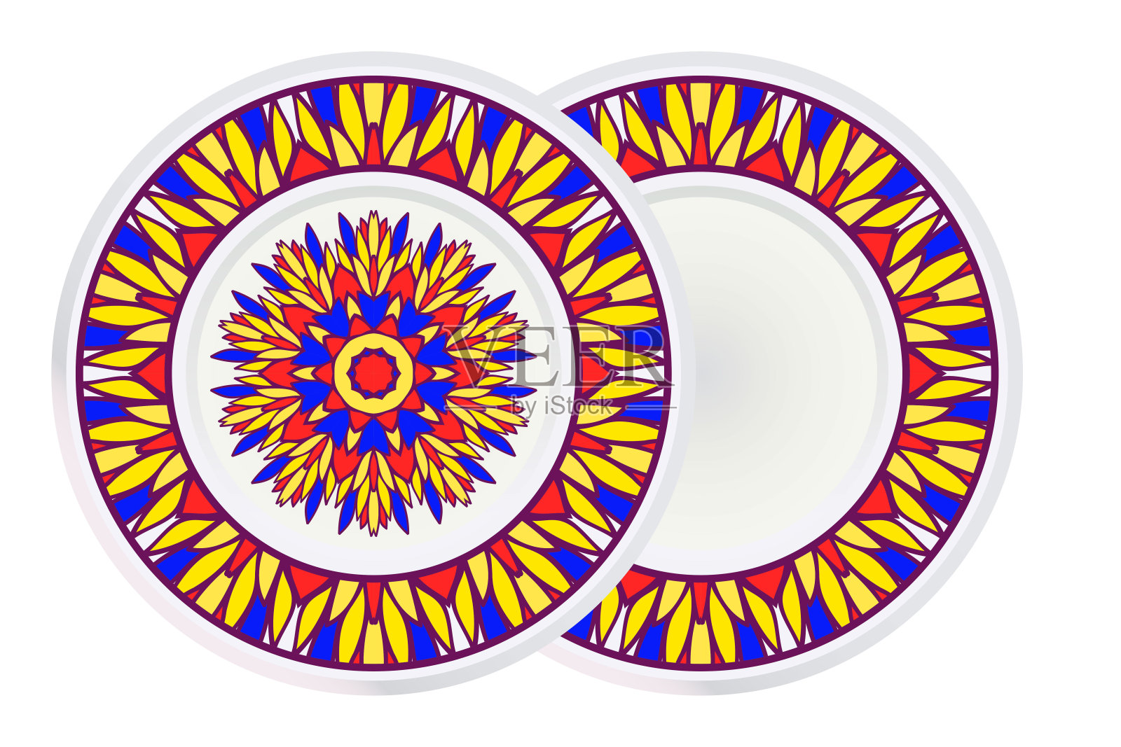 两套简单圆形花曼荼罗，民族动机。明亮的装饰由简单的形状组成。矢量图. .家居装饰，涂色书，贺卡，请帖，纹身。插画图片素材