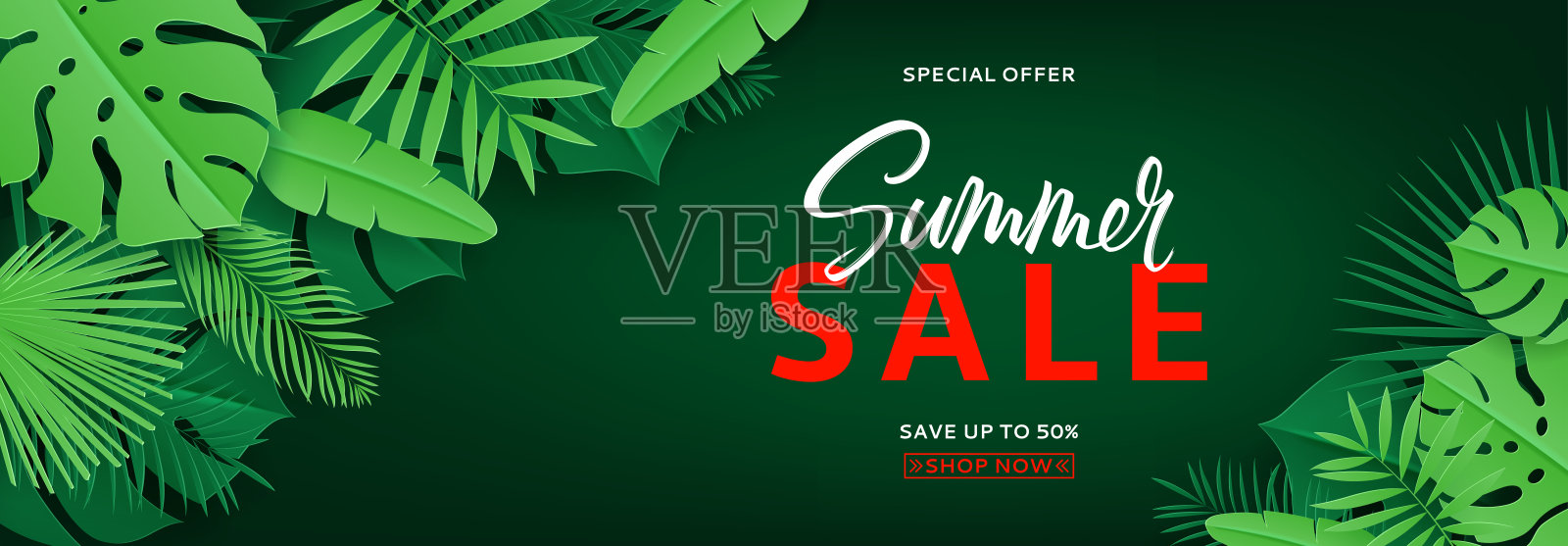 夏季销售用的带绿叶的热带横幅设计模板素材