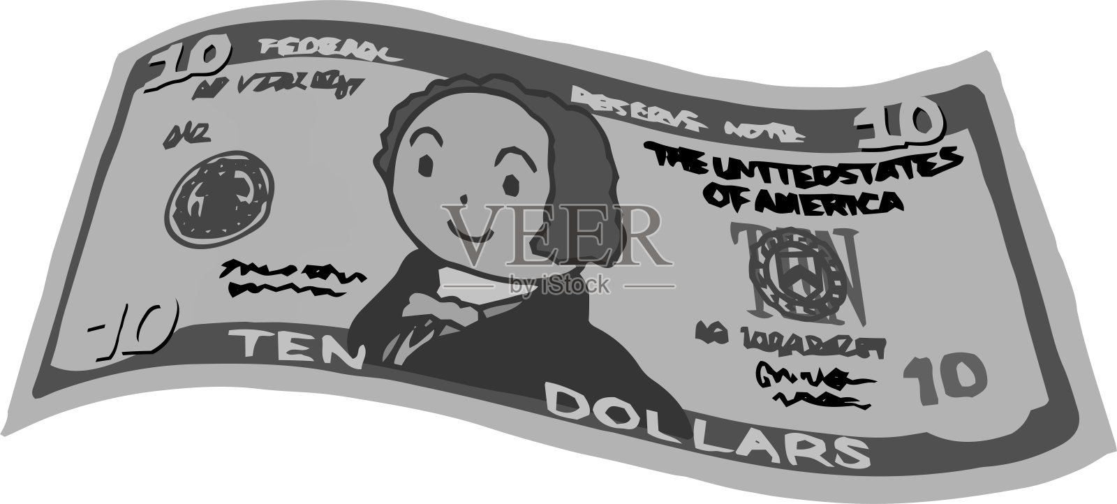 单色变形可爱手绘10美元钞票插画图片素材