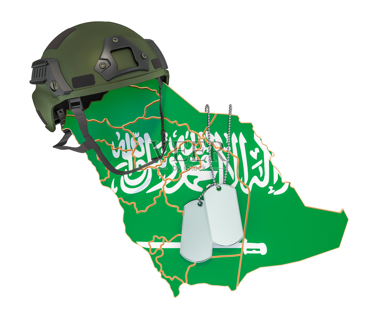 沙特阿拉伯的军事力量，军队或战争概念。3D渲染孤立的白色背景照片摄影图片