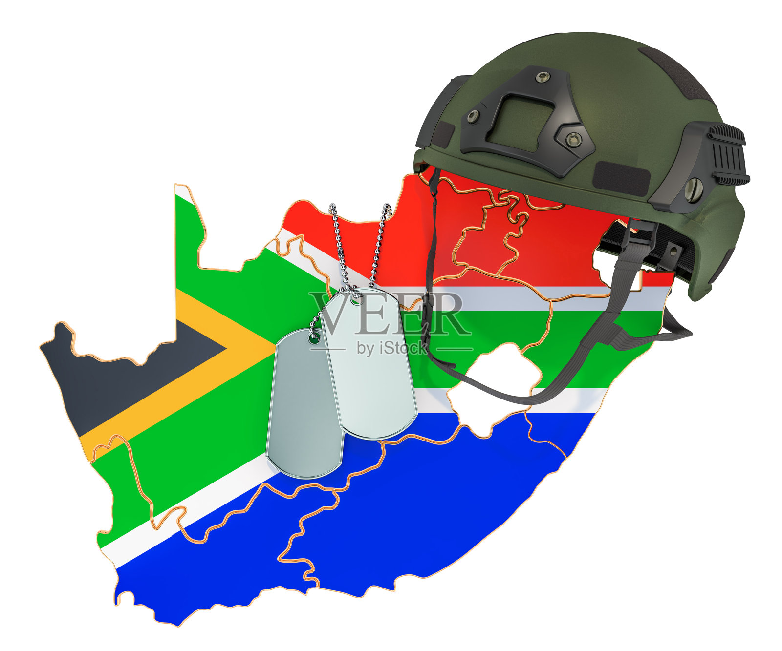 南非军事力量，军队或战争概念。3D渲染孤立的白色背景照片摄影图片