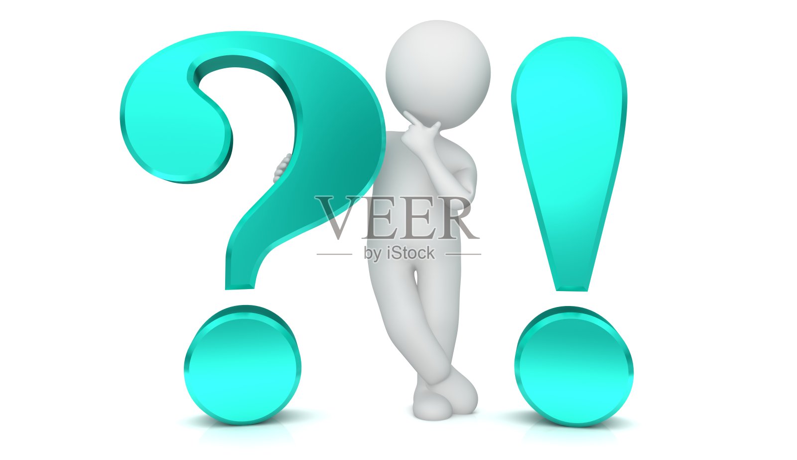 问号，感叹号，3d绿松石，审问点，询问，思考，棍棒，人，图形，头脑风暴，人，有想法的人，问题和解决方案，或问题和答案模板，孤立的，在白色的背景上剪掉照片摄影图片