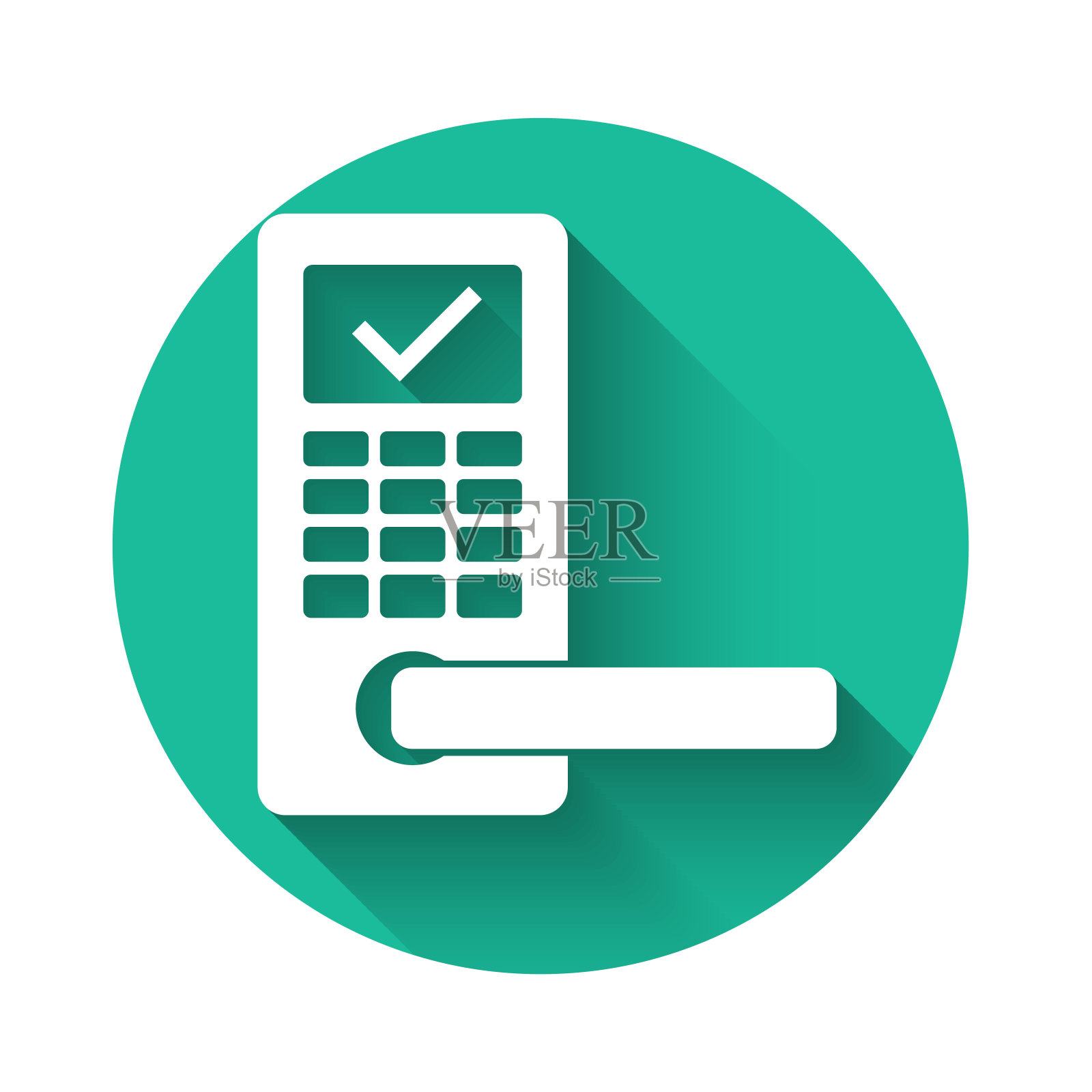 白色数字门锁，无线技术解锁图标隔离与长影子。门把手的迹象。安全智能家居概念。绿色圆圈按钮。矢量图插画图片素材