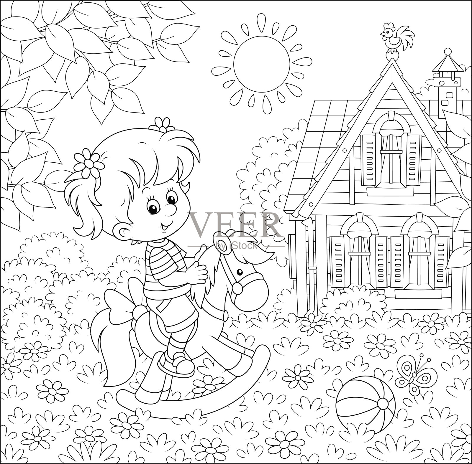 小女孩骑着玩具马插画图片素材