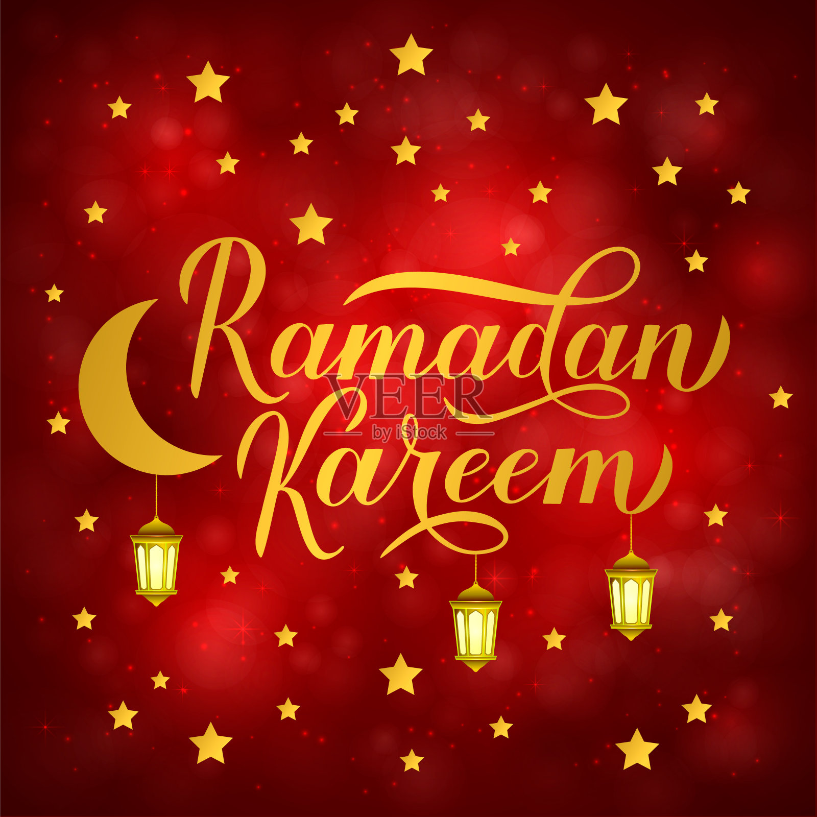 斋月卡里姆金书法字母与灯笼在红色的背景。穆斯林圣月印刷海报。矢量模板为伊斯兰传统旗帜，贺卡，传单，邀请。插画图片素材