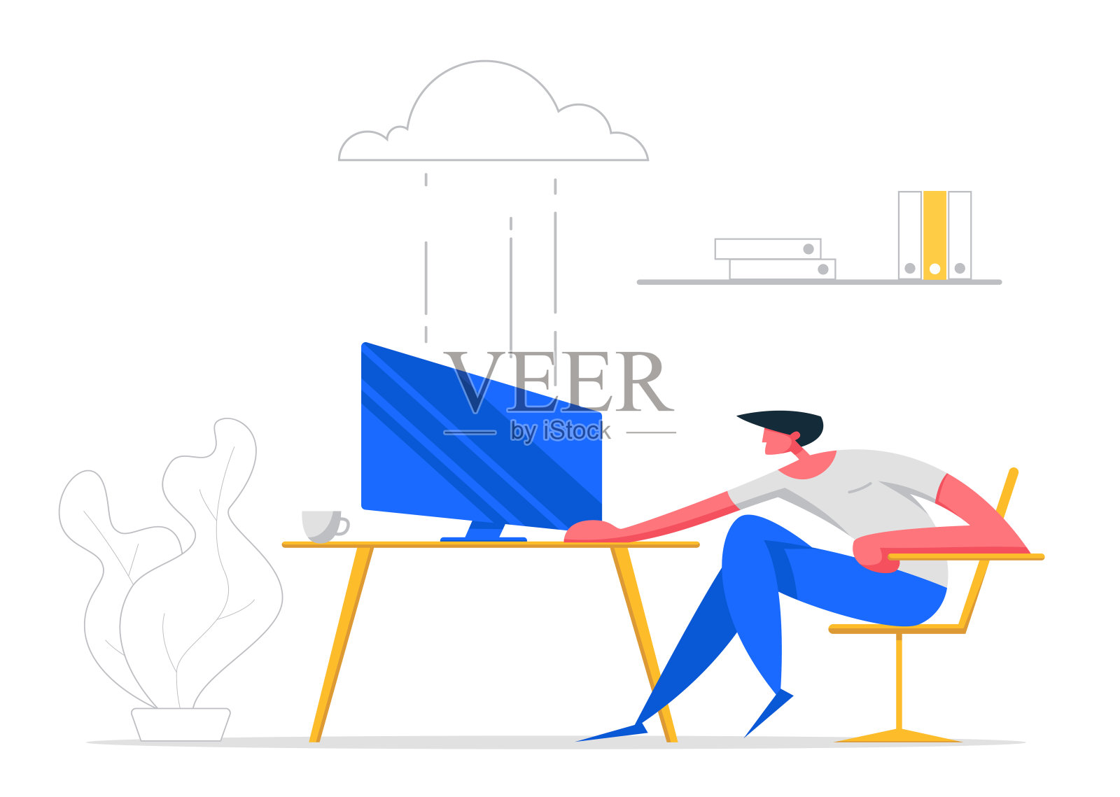 云计算技术概念。利用无线连接服务与计算机协同工作的人。媒体文件存储备份。矢量图插画图片素材