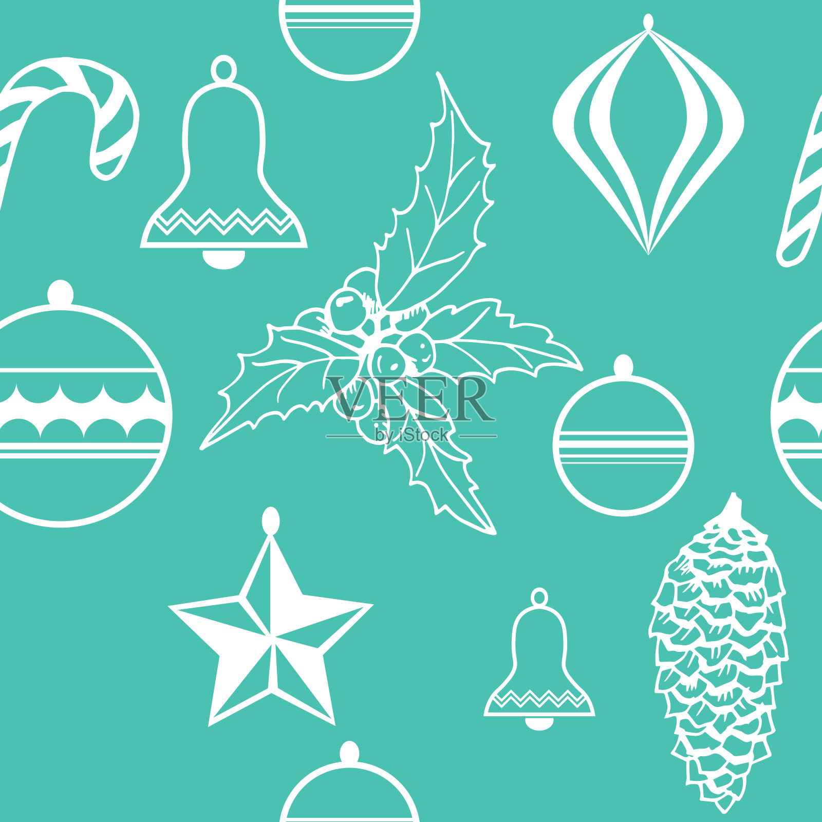 圣诞树玩具和冬青无缝图案插画图片素材