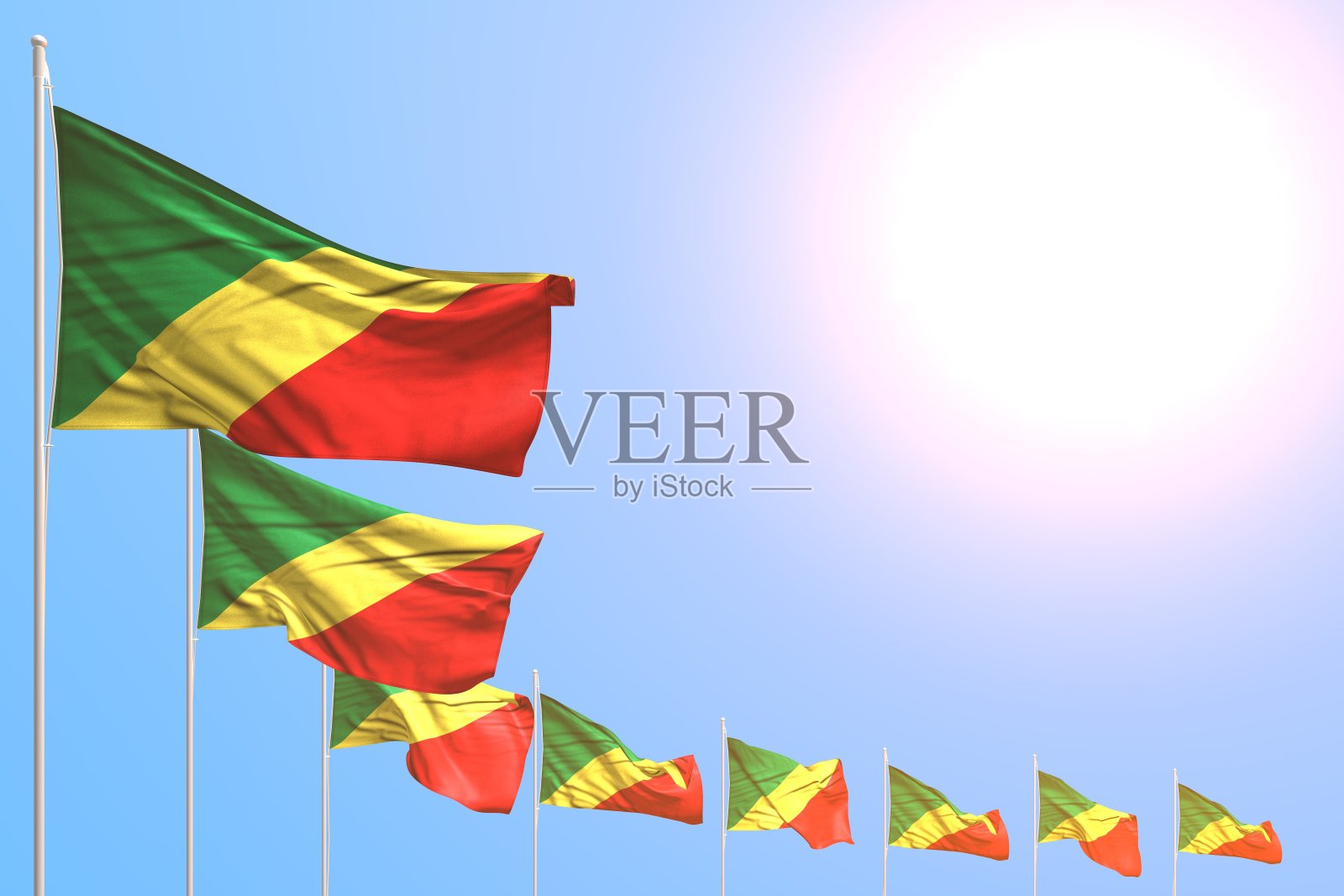 可爱的许多刚果旗帜对角线放置在蓝天与空间为您的文字-任何节日旗帜3d插图照片摄影图片