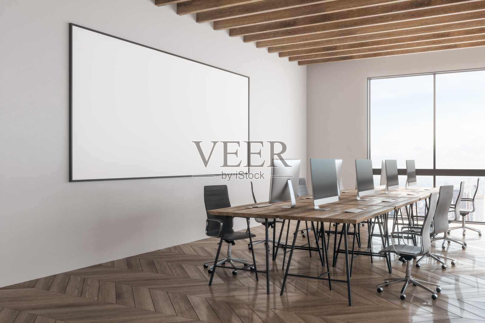 挂着空横幅的现代办公室照片摄影图片