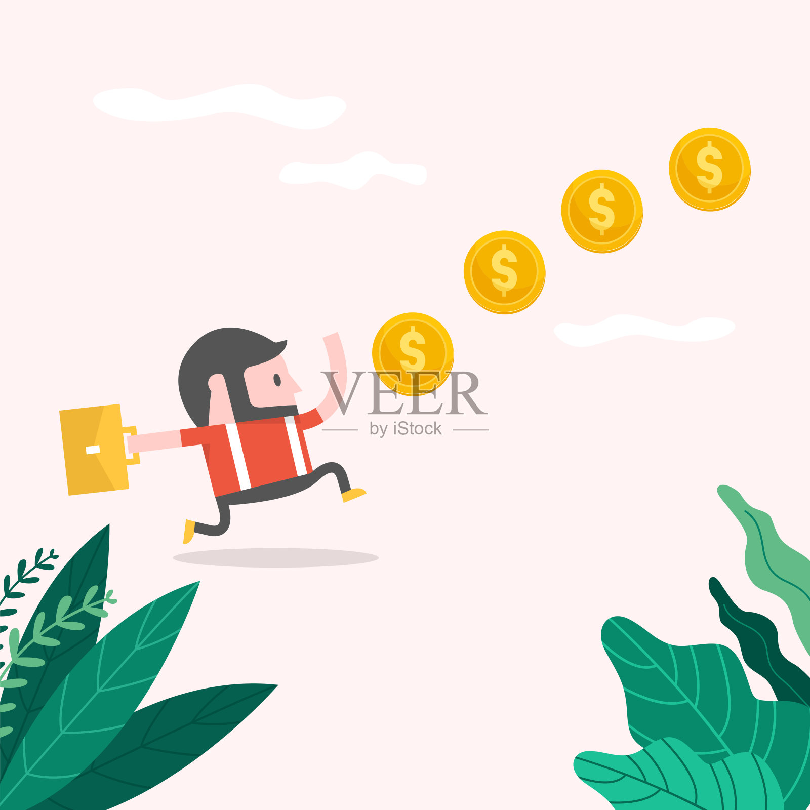 时髦的商人追逐硬币的视频游戏风格。设计元素图片