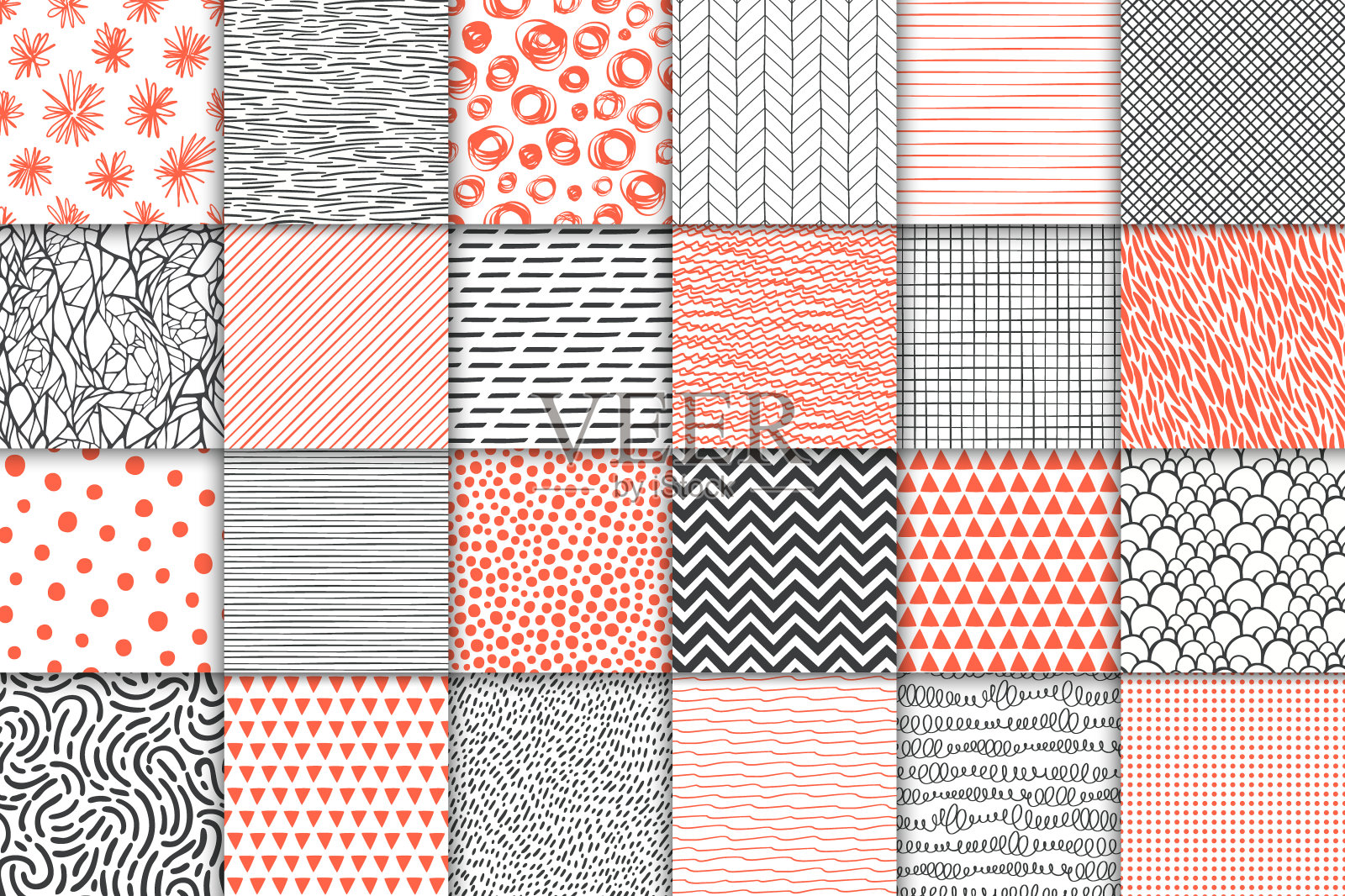 抽象手绘几何简单简约无缝图案集。圆点，条纹，波浪，随机符号纹理。矢量图插画图片素材