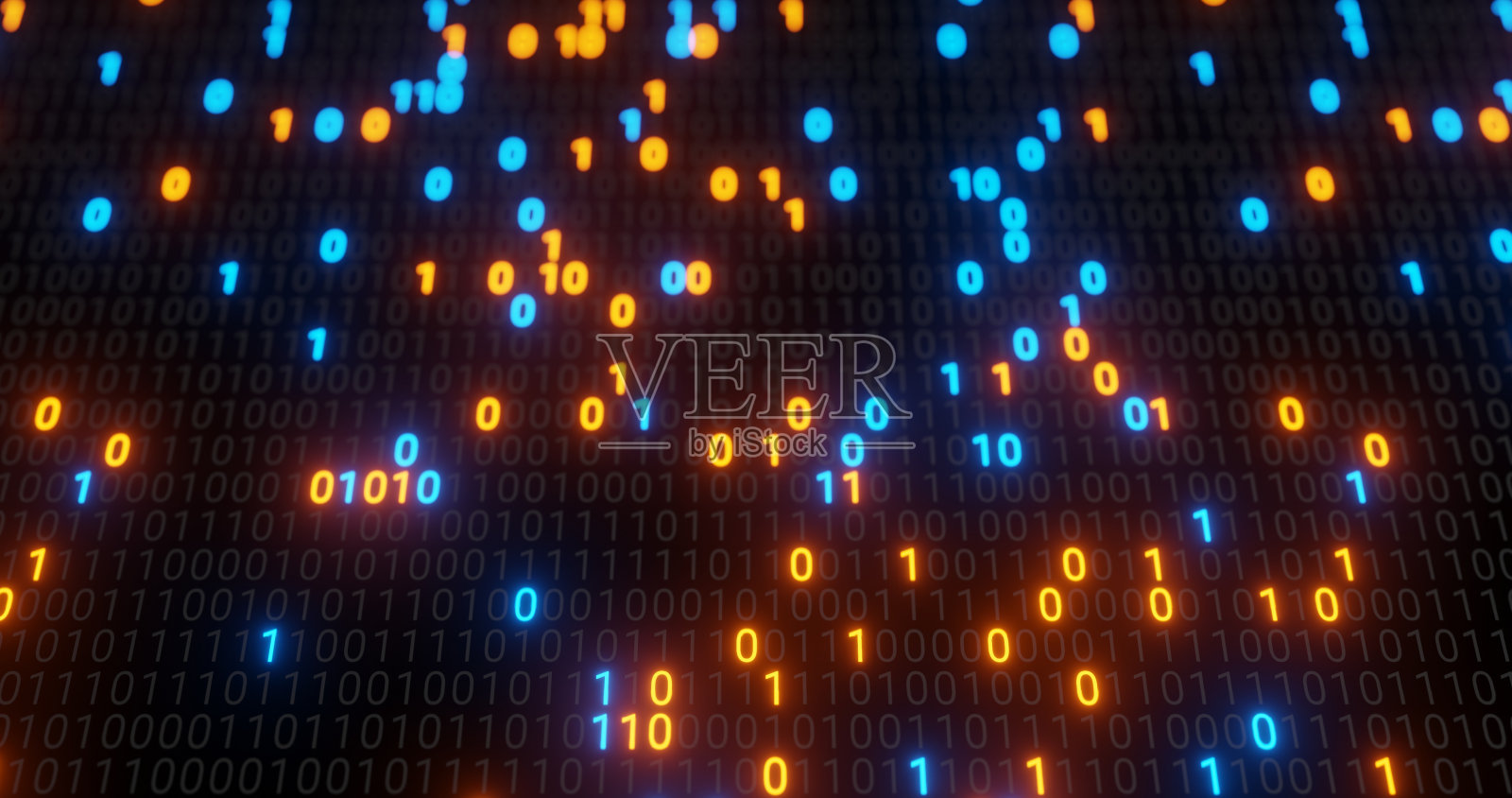 抽象的蓝色和橙色数字二进制码矩阵背景带耀斑。未来大数据信息技术、数据中心、区块链、服务器、互联网、高速。照片摄影图片