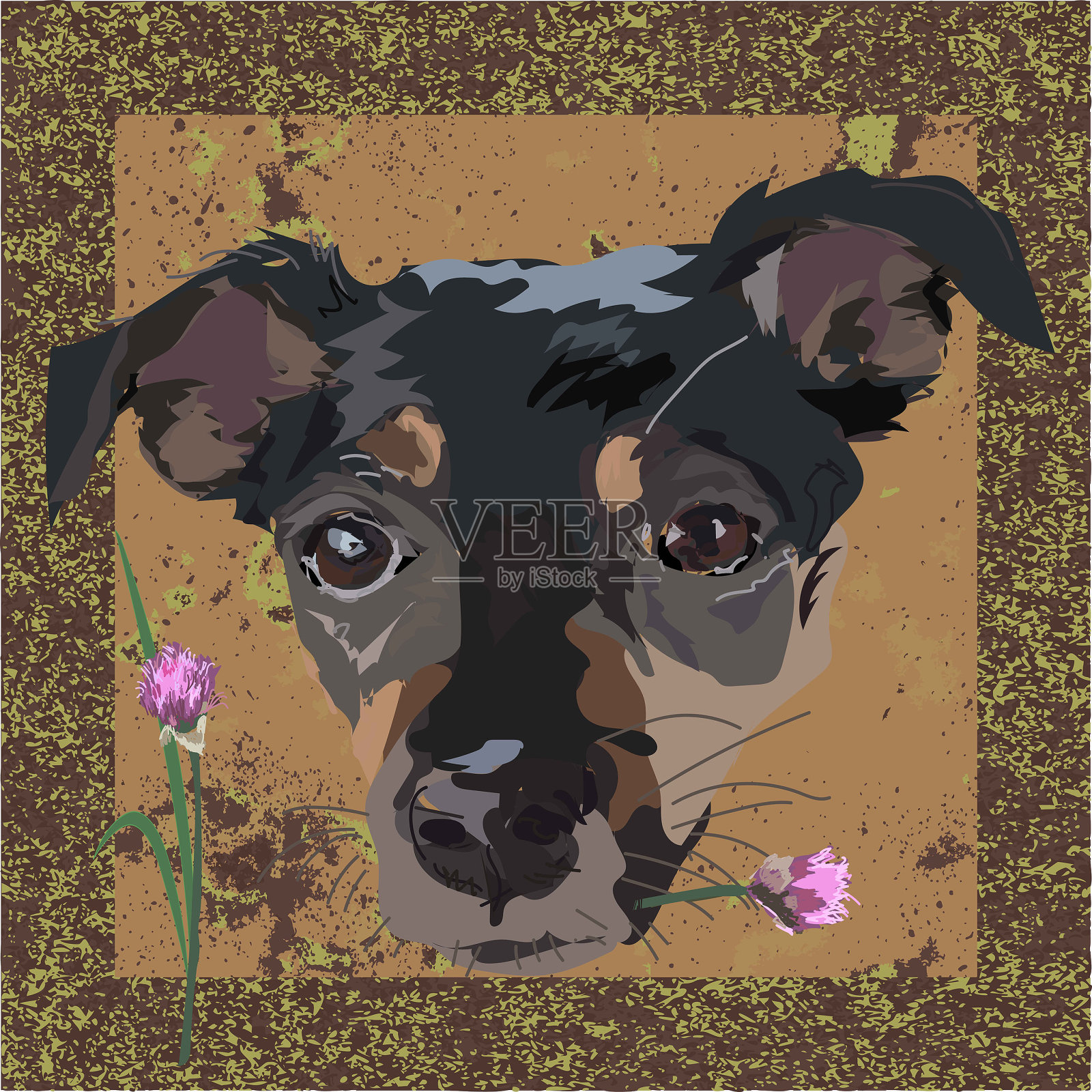 一只小狗的嘴部，黑色和红色的小狗在一个棕色的工艺品的背景，拿着一个粉红色的花在他的牙齿。插画图片素材