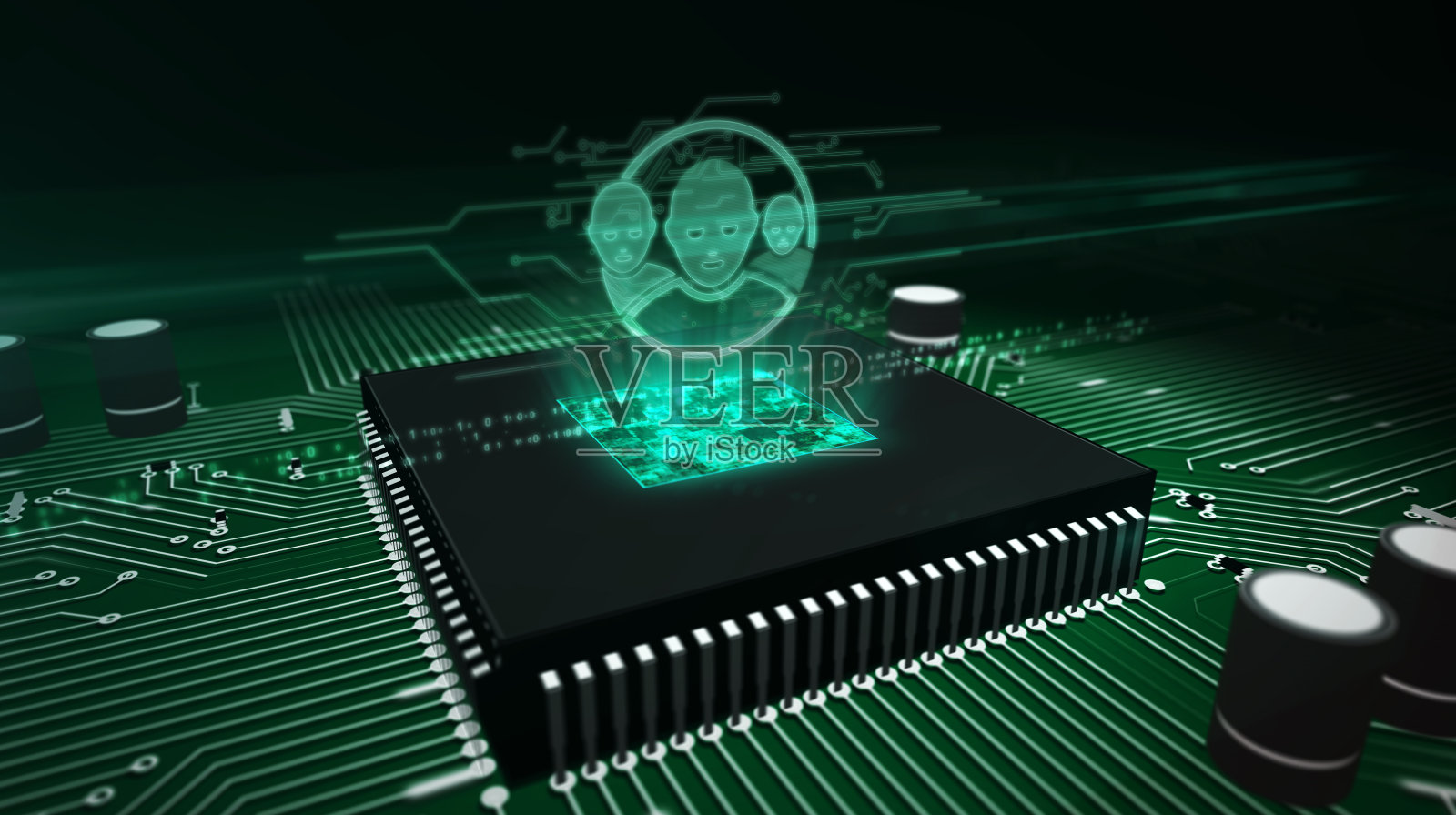 主板上的CPU，头部轮廓全息图照片摄影图片