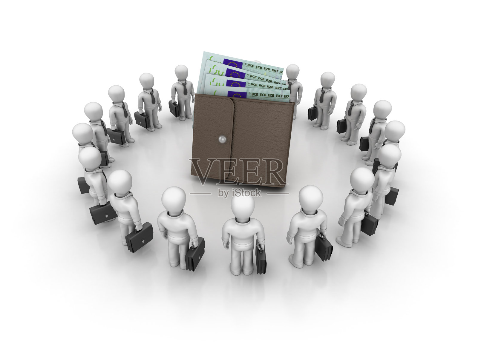 团队商务人员与欧元钞票钱包- 3D渲染照片摄影图片